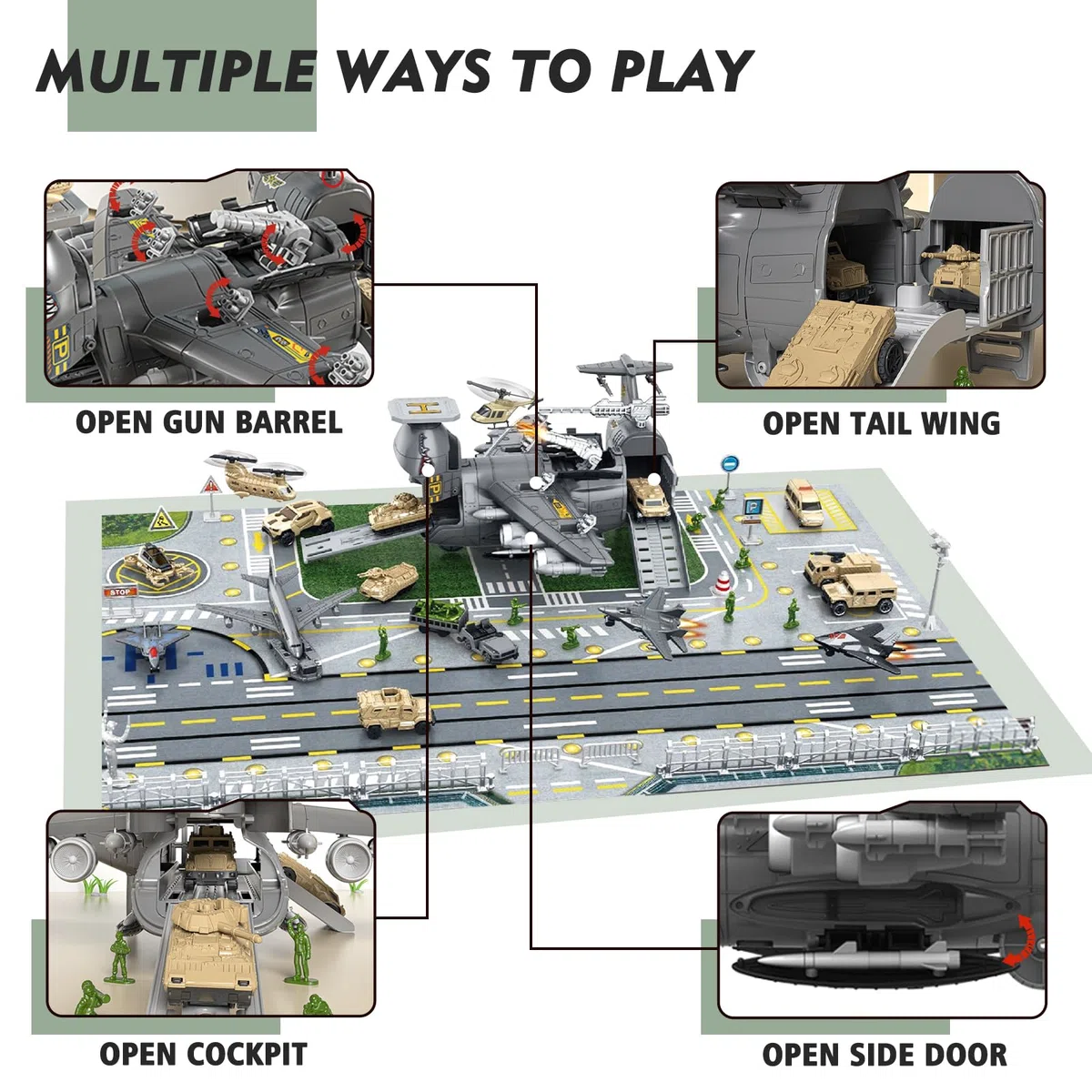 Militär Transport Fracht Flugzeug Militärflugzeug Autos Spielzeug mit Fahrzeug Soldaten Hubschrauber Kampf, Modell Spielzeug mit Figuren,Mini Armee Basis Spielkarte für Kinder 3+ Jungen Mädchen