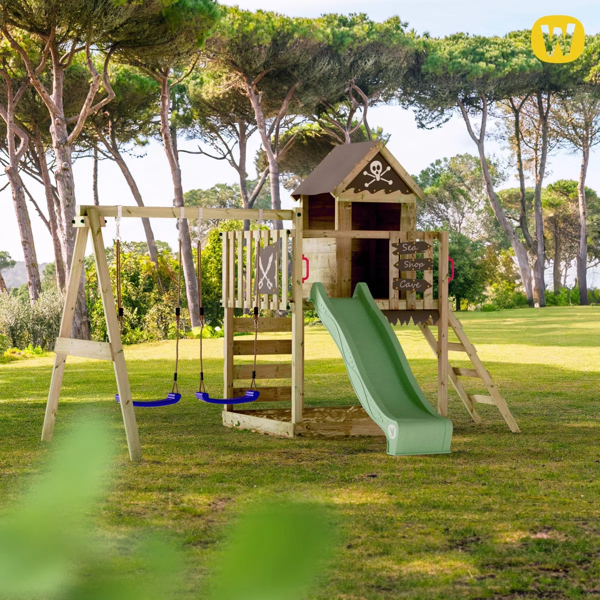 WICKEY Spielturm Smart Cave Klettergerüst, blau | mit Schaukel & Rutsche, Outdoor Kinder Kletterturm, mit Sandkasten, Leiter & Spiel-Zubehör für den Garten