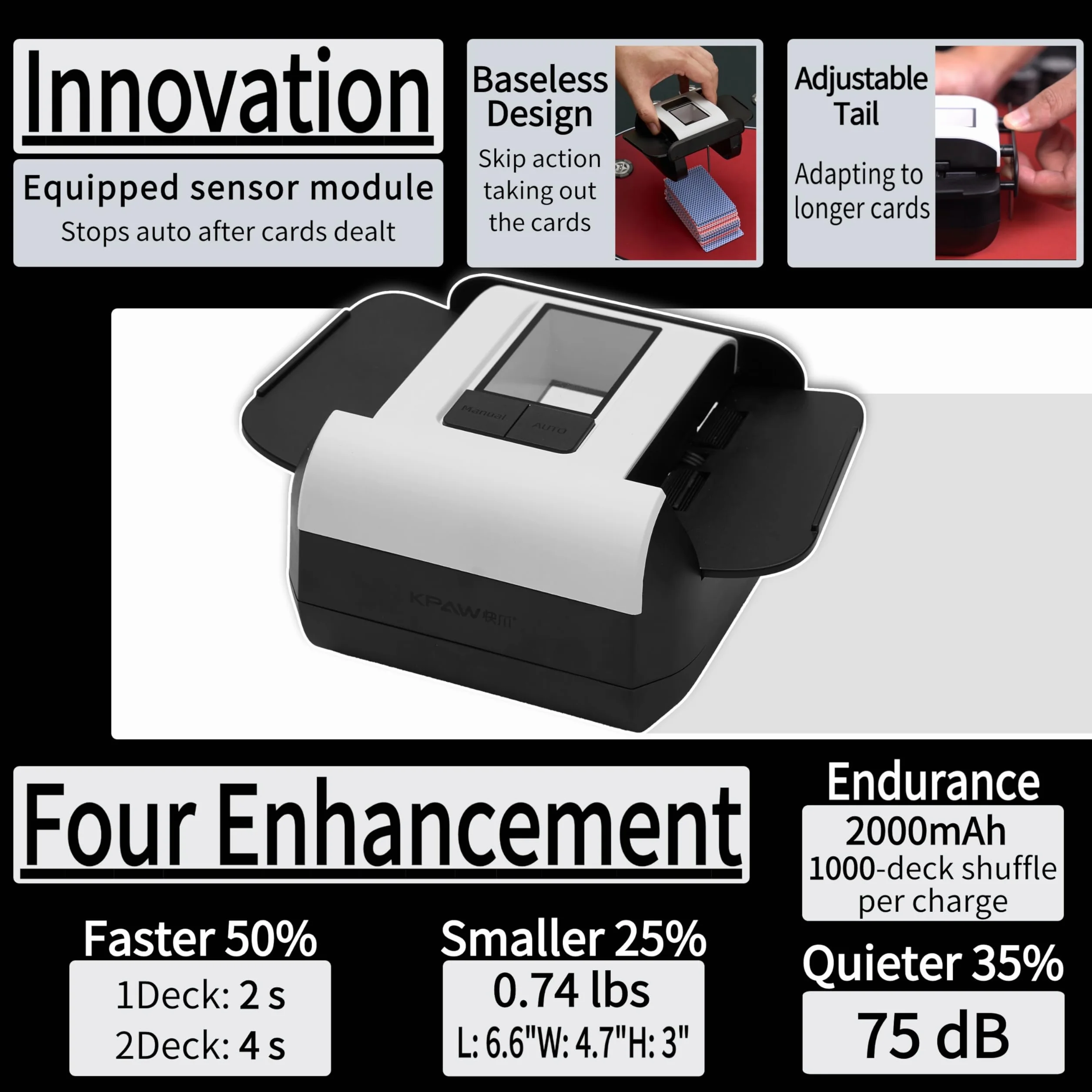 Kartenmischmaschine Elektrische mit 2000mAh Akku, Automatischer Kartenmischer Leise & Tragbar, 2-Deck-Kartenmischer Elektrisch