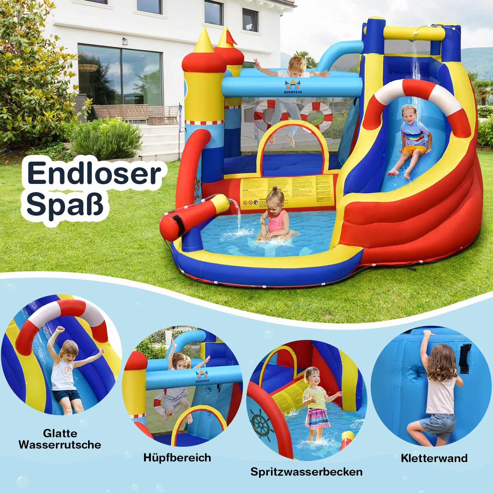 COSTWAY Aufblasbare Hüpfburg mit 550W Gebläse, 6-in-1 Wasserpark mit Rutsche, Planschbecken & Wasserkanone, Outdoor Bouncer Hüpfschloss Springburg für Kinder, Garten, 360 x 290 x 200 cm