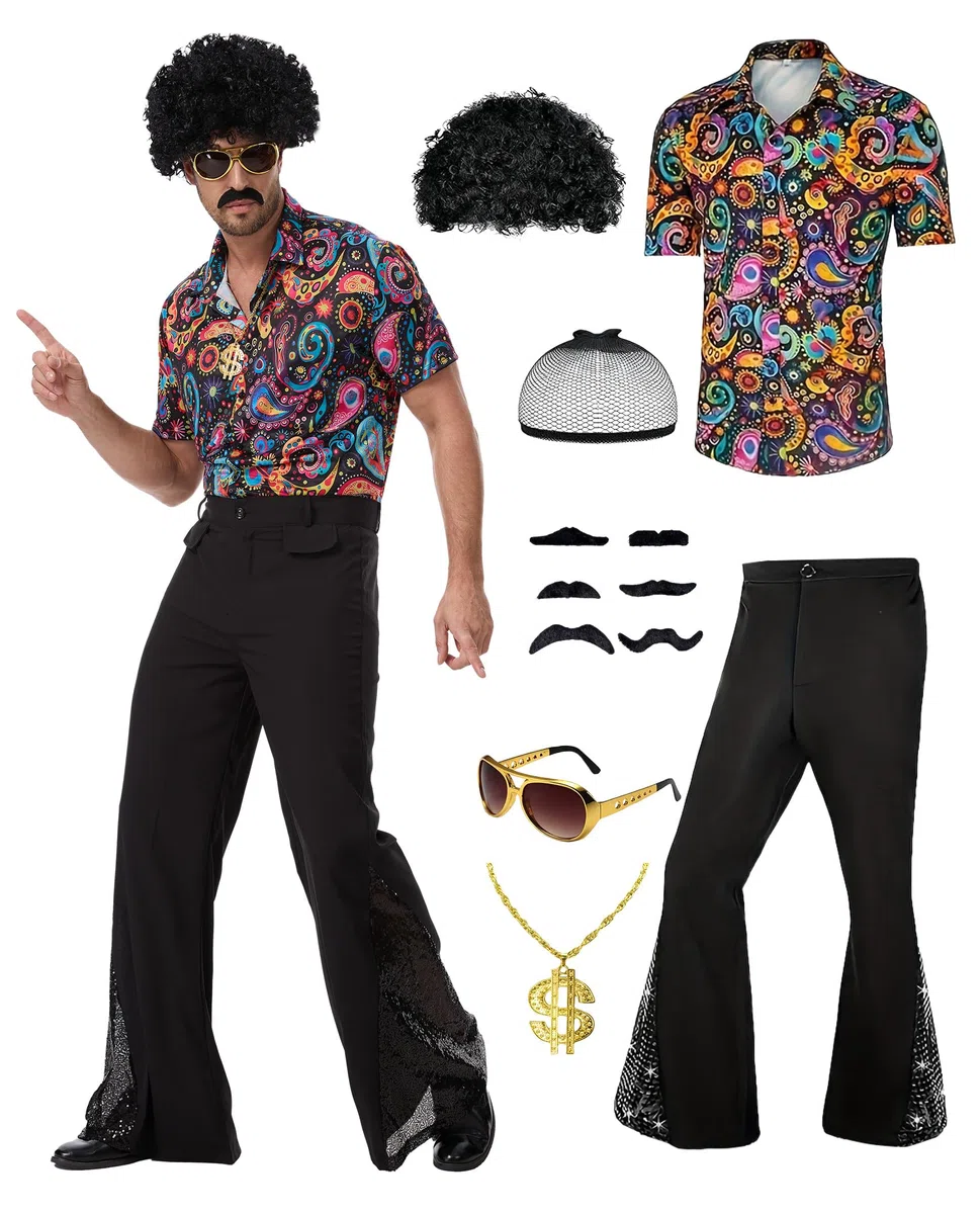 70er Jahre Disco Kostüm Set Herren - Komplettes 70s Outfit mit Pailletten Hemd, Schlaghose, Afro Perücke, Sonnenbrille, Dollar Kette & Zubehör für Karneval Halloween Mottoparty