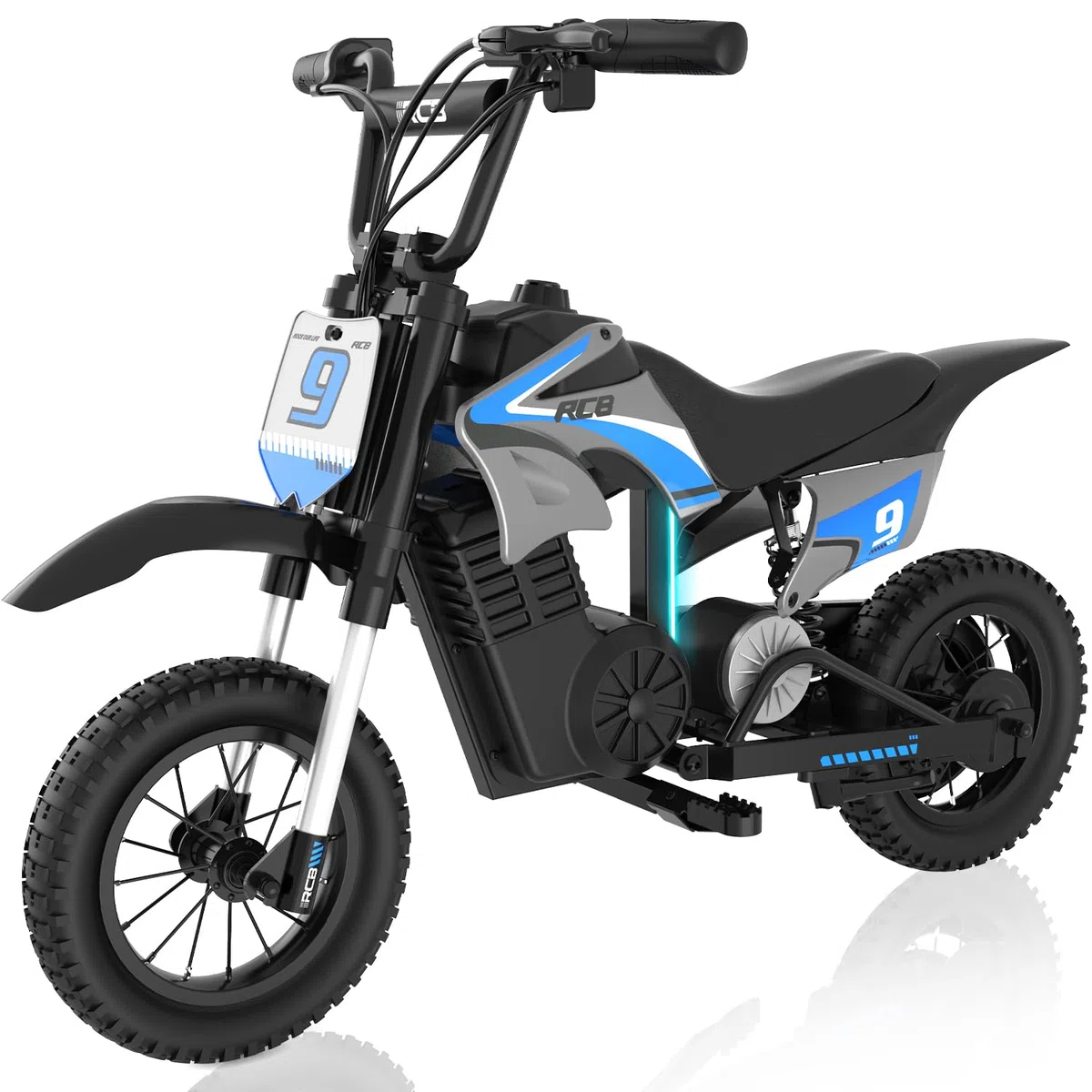 RCB R9X PRO Kinder Elektro-Motorrad, Elektromotorrad mit 350W Motor, 16KM Reichweite & 3-Gang-Modi, Umgebungslicht,Doppelte Stoßdämpfer, 12" Moto Crossbike für Kinder 6+ Jahren （Blau）