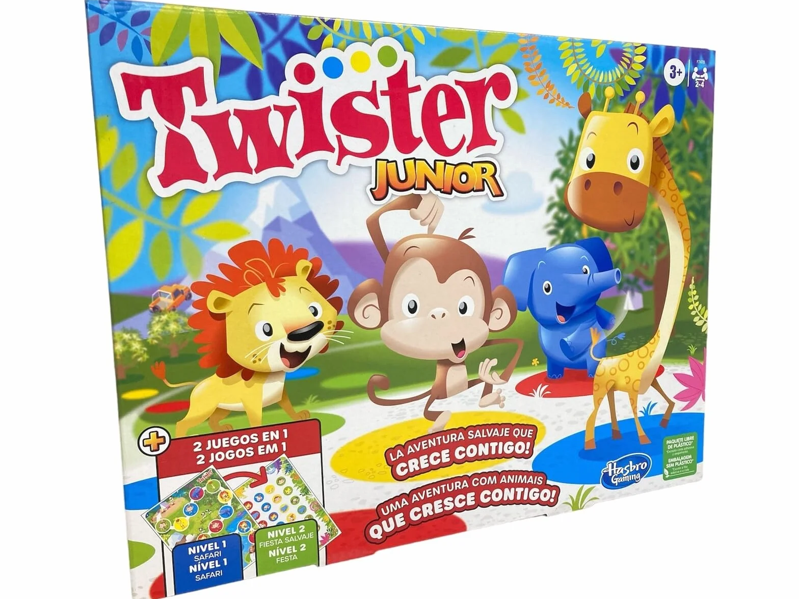 Junior Twister Spiel - Abenteuer mit Tieren - 2 Seiten Matte - 2 Spiele in 1 - Partyspiel - 2 bis 4 Spieler Indoor Spiel - Spanische Version