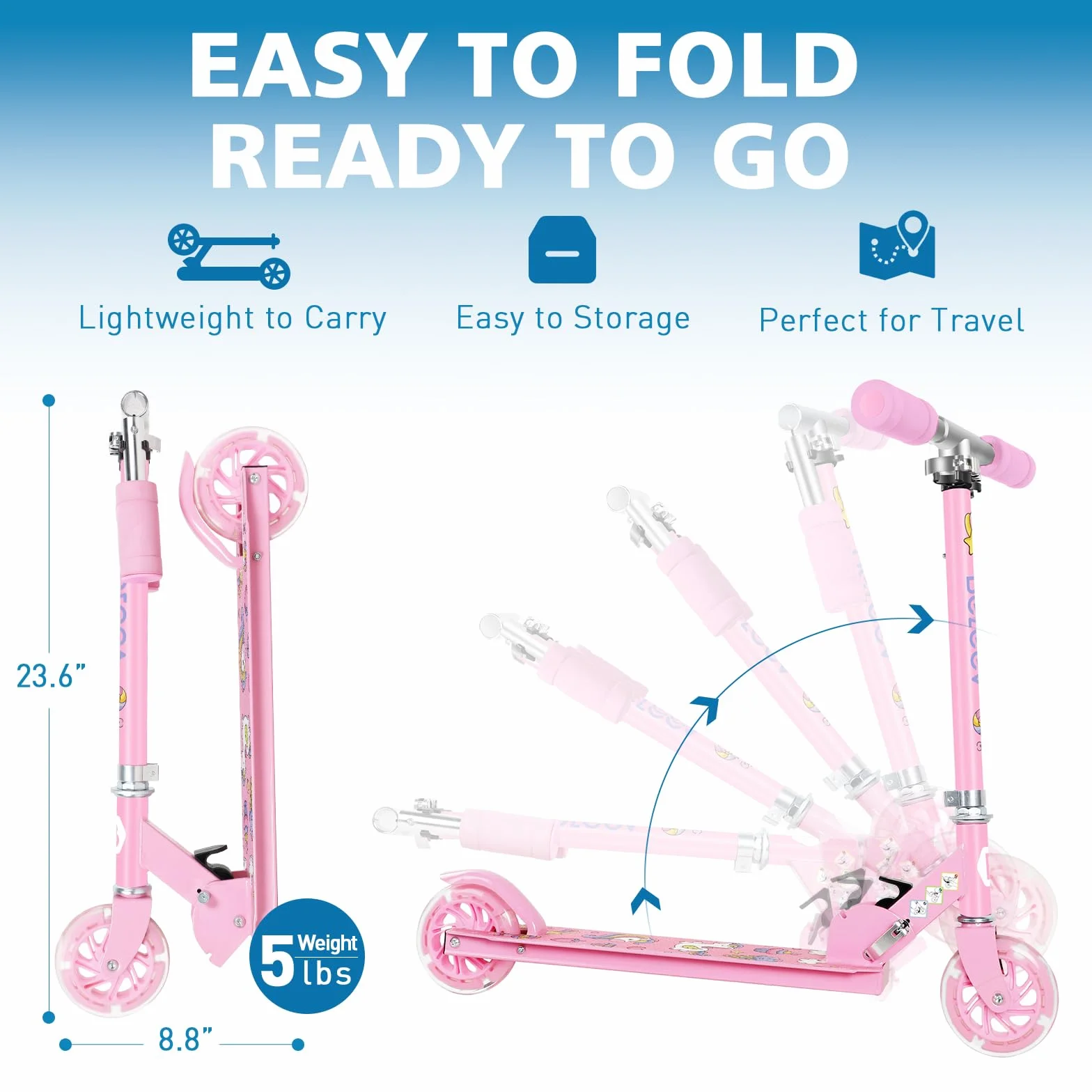 BELEEV V1 Roller Kinder 2 Räder, Klappbar Kinderroller für Mädchen Jungen, Tretroller mit LED Leuchtende Räder, 3 Höhenverstellbare, Ständer, Scooter for Kinder ab 3-12 Jahre