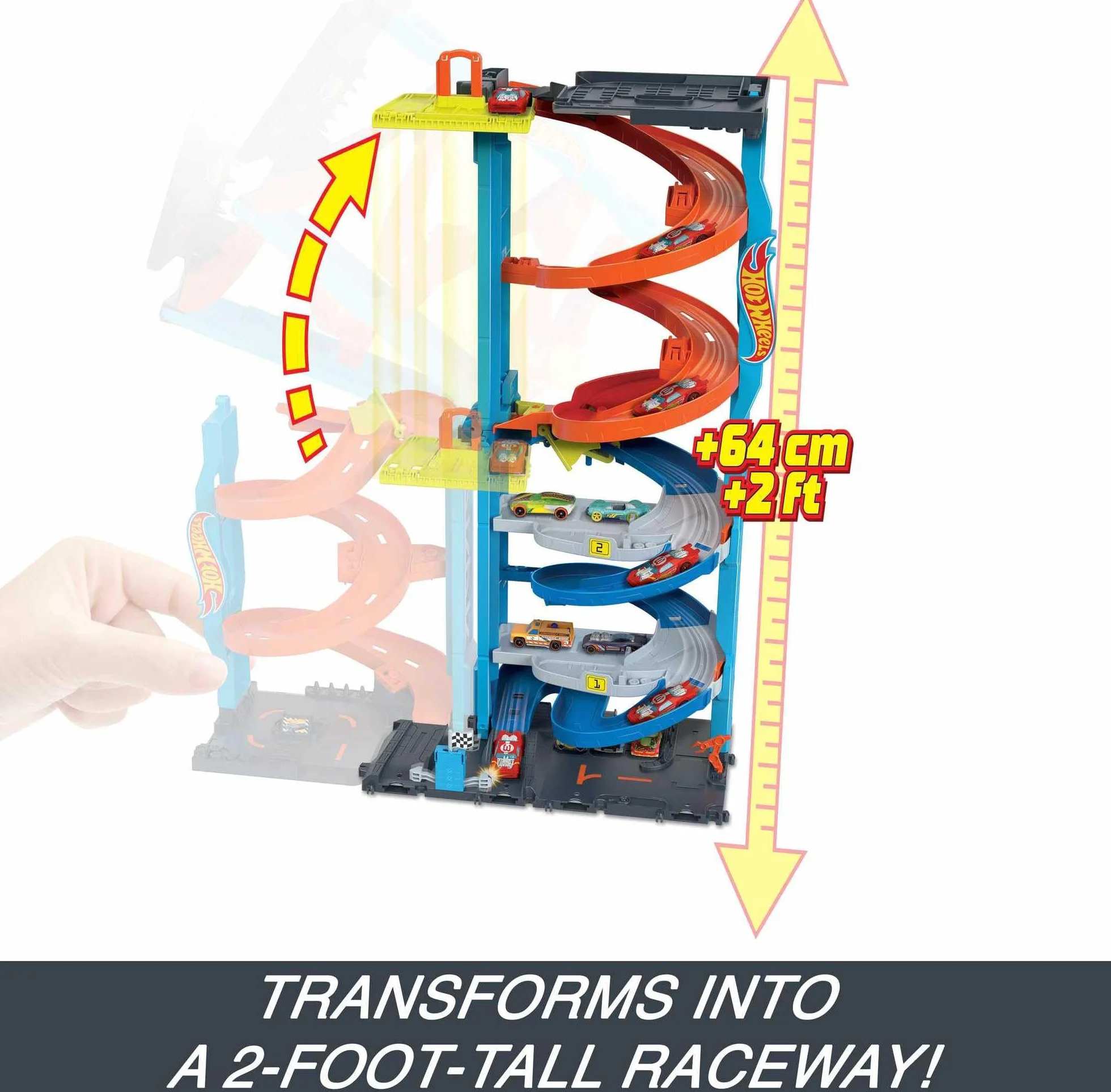 Hot Wheels City Trackset mit 1 Hot Wheels Auto, 2-in-1-Rennturm, von Einzelbahn in zweispurige Rennbahn umwandelbar, manueller Aufzug, HKX43
