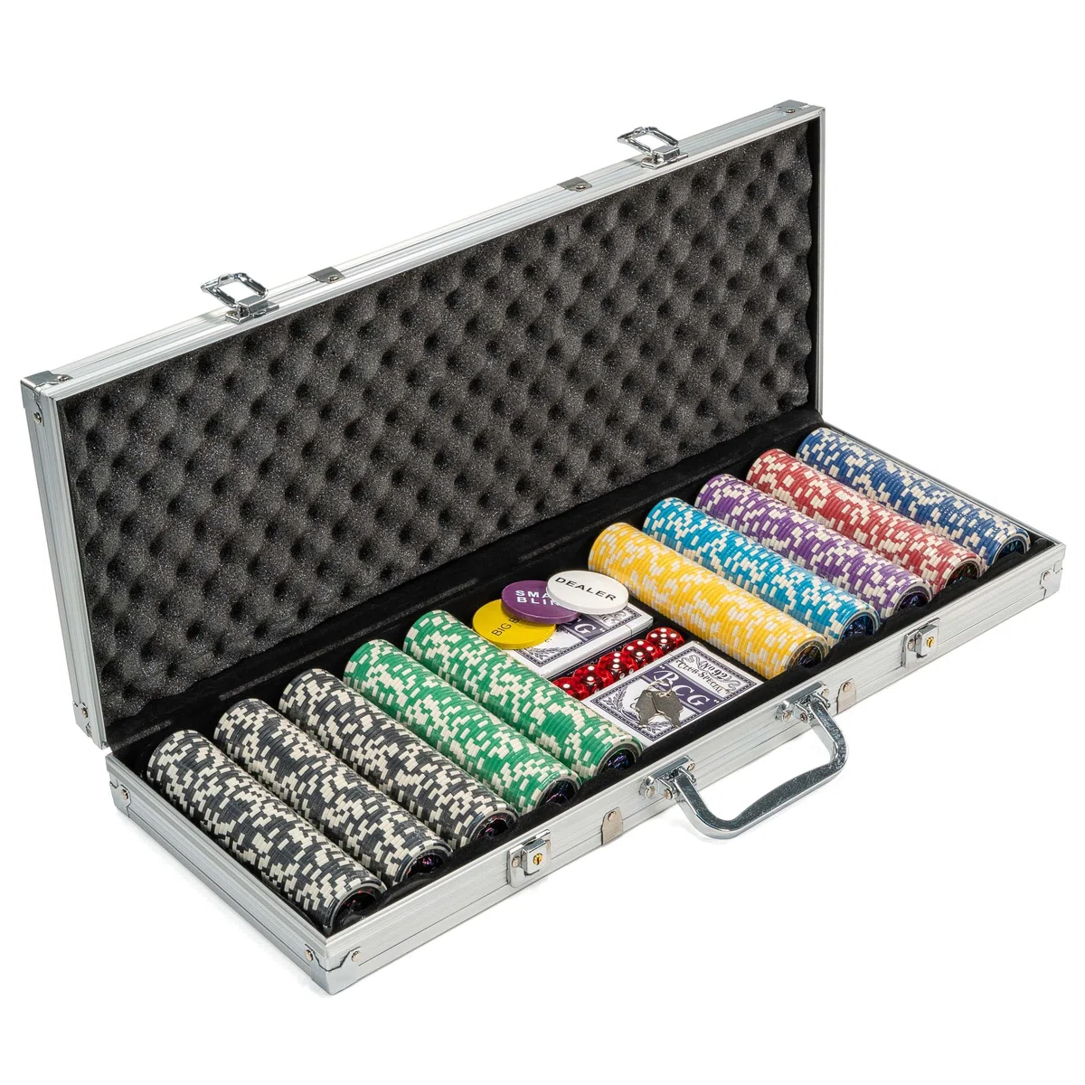 Nexos Trading Pokerkoffer mit 500 abgerundeten Ocean Champion Chips hochwertige Metallkern Jetons 12 g Pokerset mit viel Zubehör Black Jack Texas Holdem
