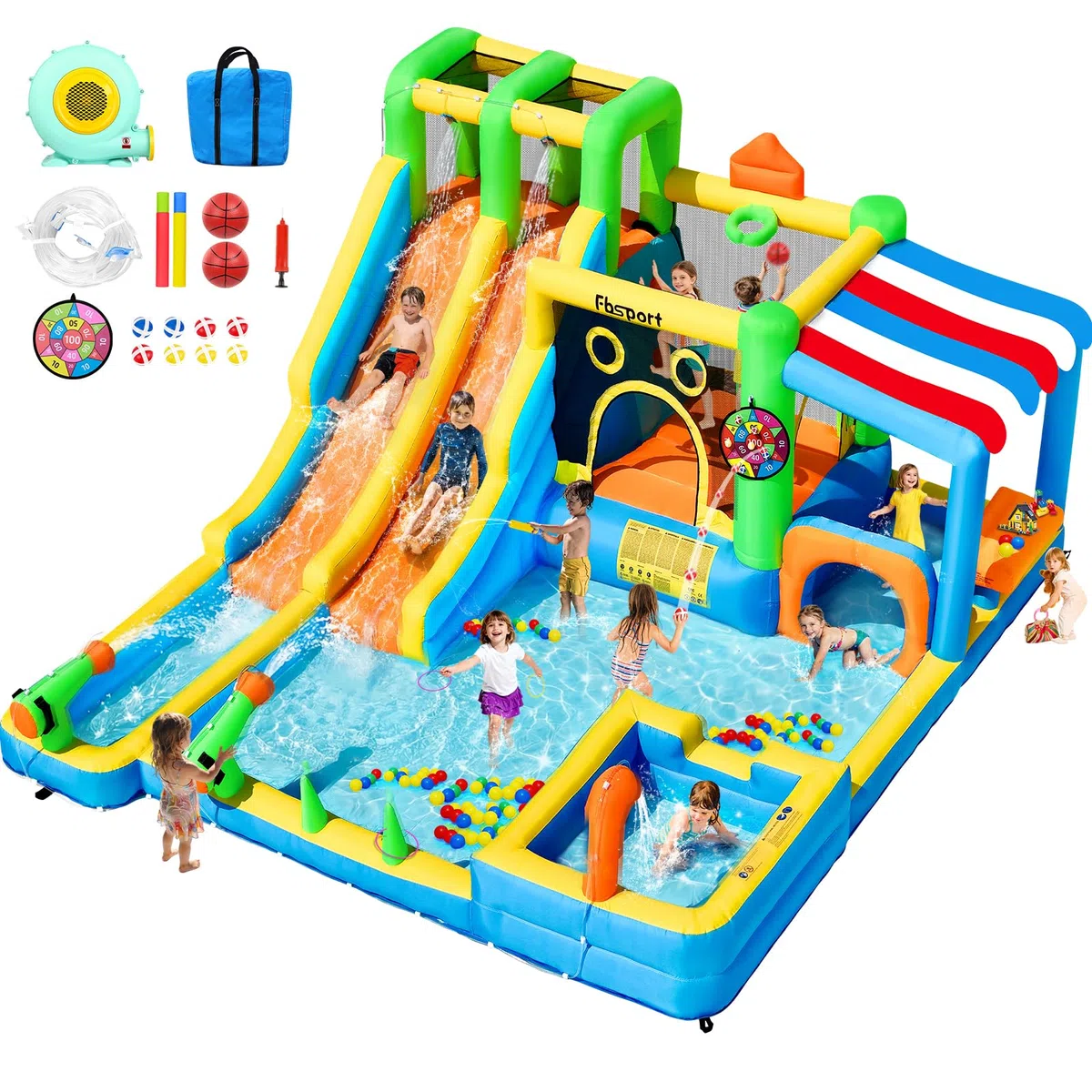 Hüpfburg mit 2 Wasserrutsche und Gebläse, Größe Wasserhüpfburg für Kinder mit Trampolin Wasserbecken Korb Kletterwand, XXL Hüpfburgen Bouncy Castle für Indoor Outdoor, 445x403x200 cm