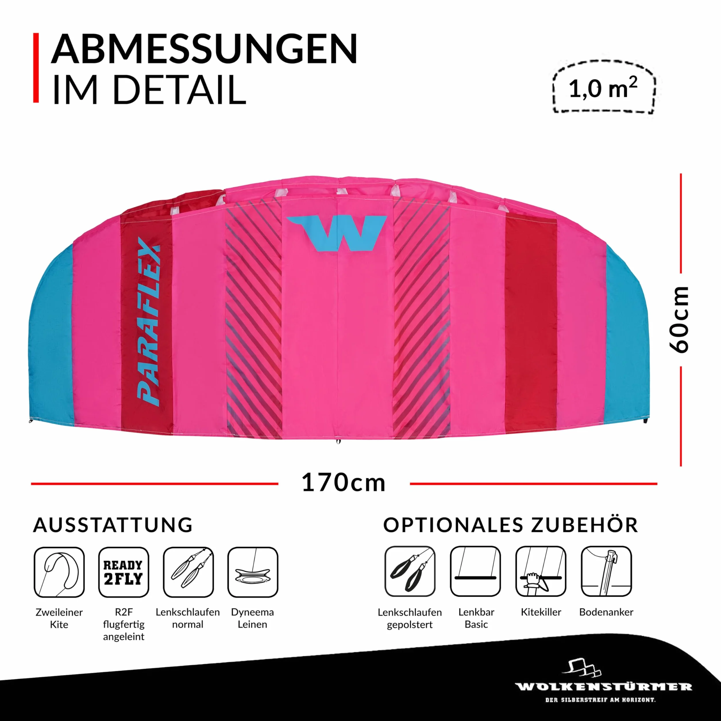 Wolkenstürmer Paraflex Basic (Pink-Rot) – Flugfertige Zweileiner Lenkmatte mit Dyneema-Leinen & Flugschlaufen – Einsteiger Kite für Kinder