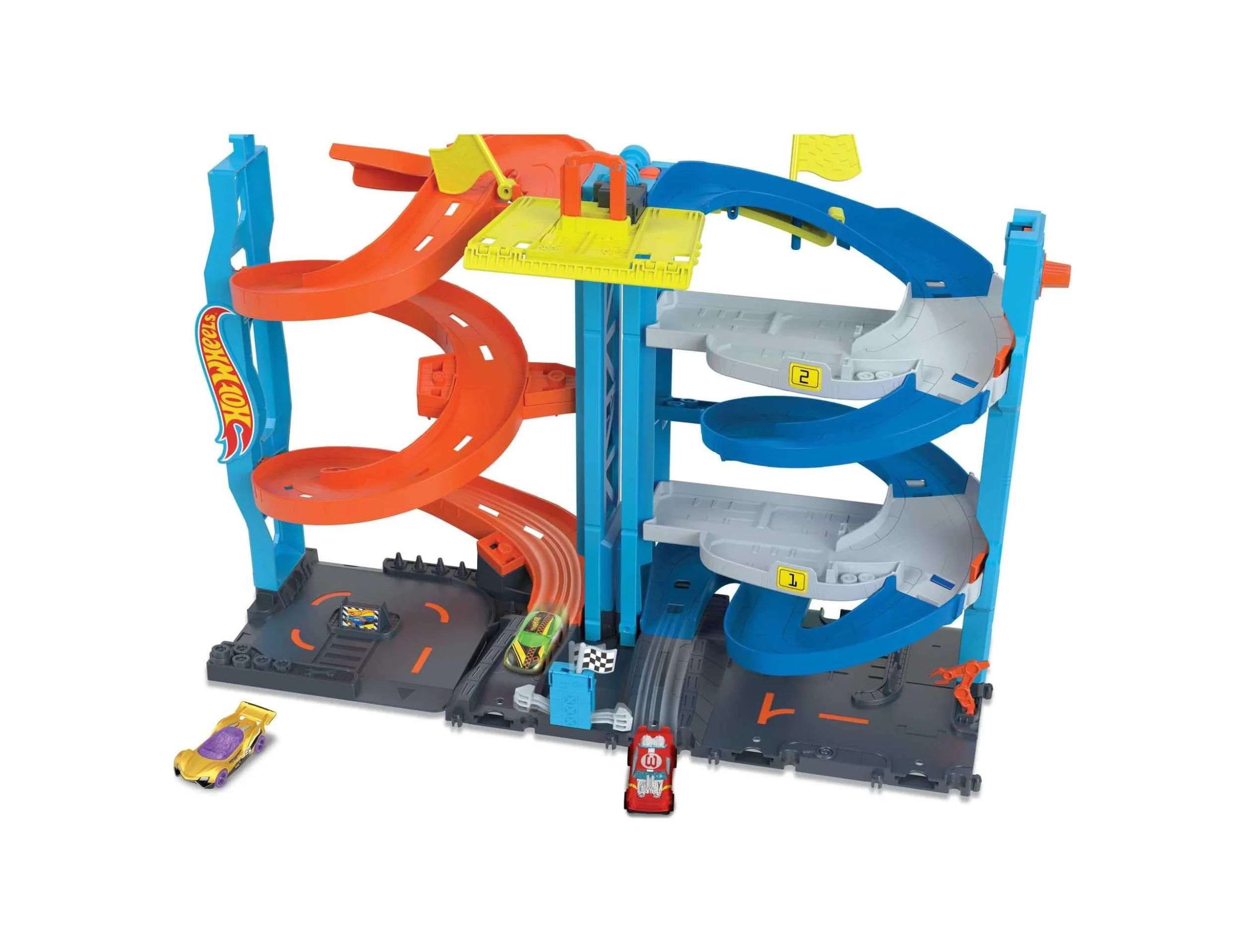 Hot Wheels City Trackset mit 1 Hot Wheels Auto, 2-in-1-Rennturm, von Einzelbahn in zweispurige Rennbahn umwandelbar, manueller Aufzug, HKX43