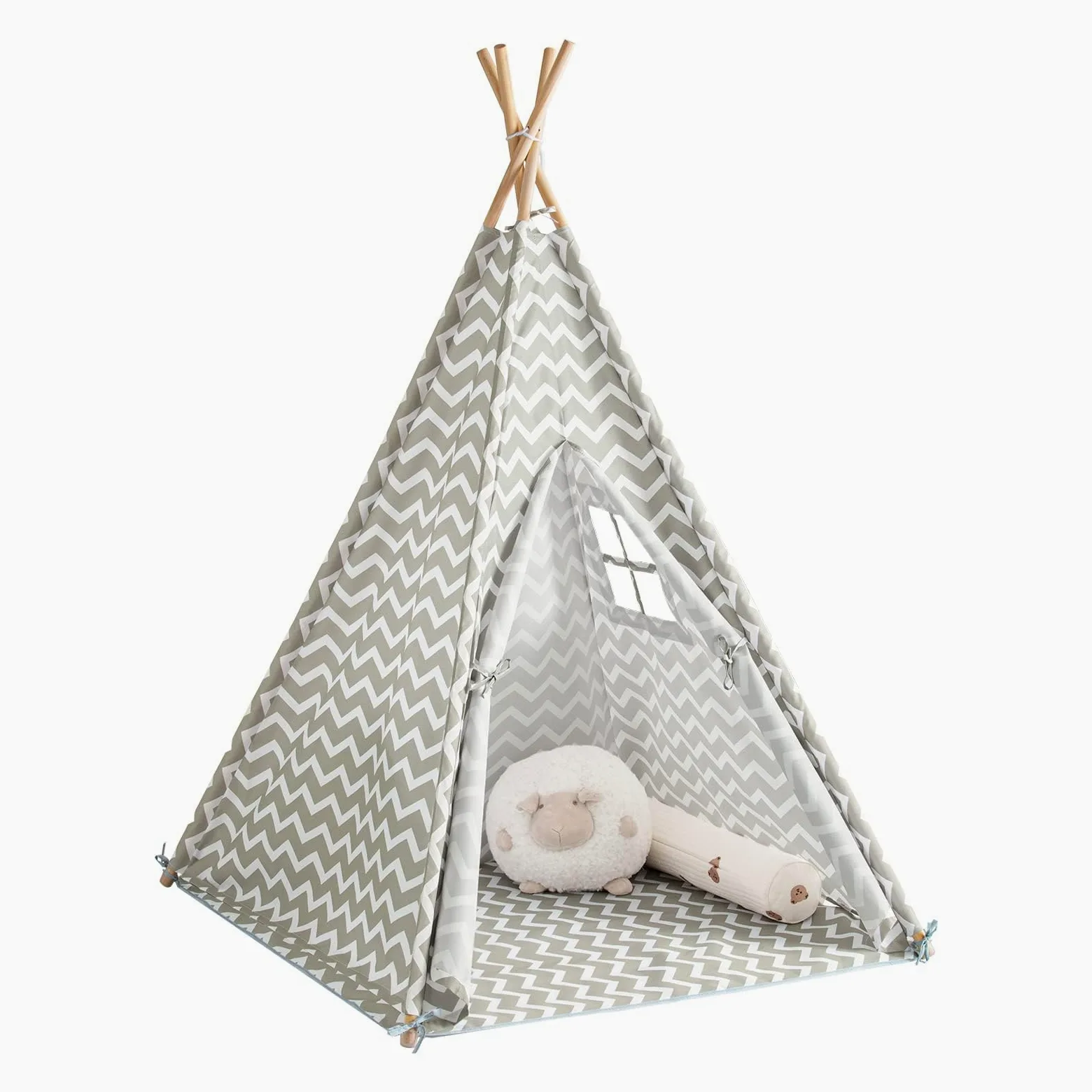 SoBuy Kinderzelt Indoor mit Tür und Fensterk, Kinder Zelt für Kinderzimmer Weiß/Grau 109x165x109cm OSS03