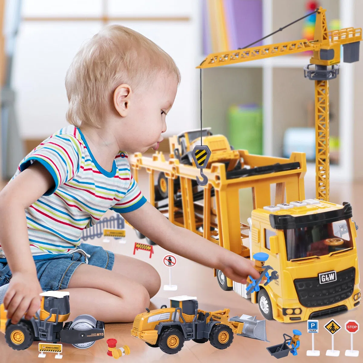 Tacobear Baufahrzeuge Kinder groß LKW Fahrzeug Spielzeug Geschenke ab 3 4 5 6 7 Junge mit Kran Spielzeug Bulldozer Dampfwalze Gabelstapler Konstruktionsfahrzeuge Geburtstag Geschenkideen Kinder Jungen