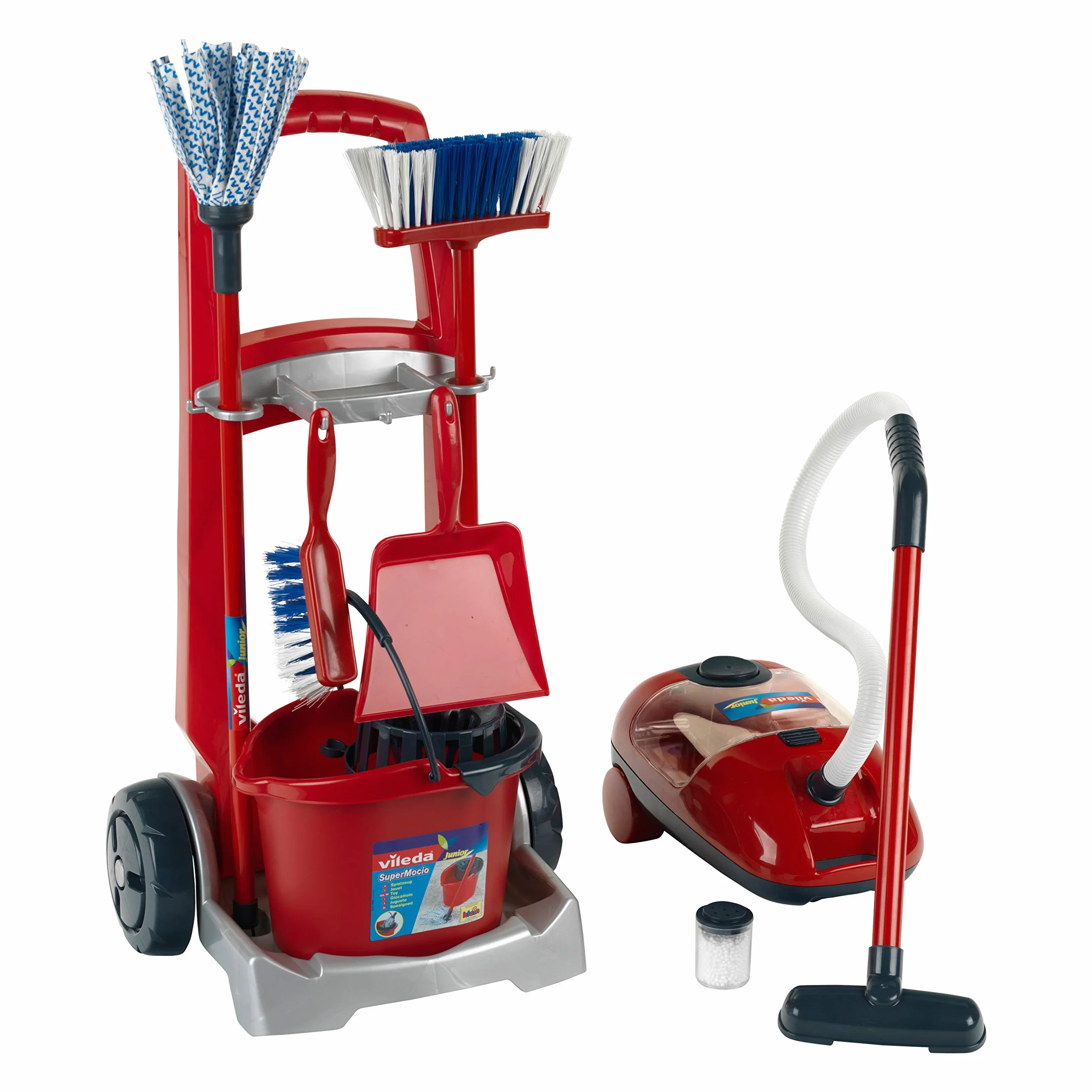 Theo Klein 6742 Vileda Besenwagen - Inklusive Putz-Zubehör - Batteriebetriebener Staubsauger mit Saug- und Soundfunktion - Spielzeug für Kinder ab 3 Jahren, 29 x 24 x 60 cm