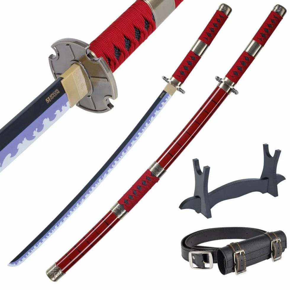 57 SPECIAL REPLICAS Zoro Katana Schwert 105 cm/41 Zoll - Samurai Schwert Holz mit Gürtel, Ständer & Scheide - Holzschwert aus Bambushol für Anime Cosplay - Oonee Piieeccee Schwerter (Nicht Scharf)
