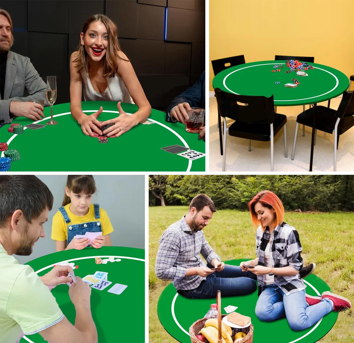 Texas Holdem Pokermatte 60/80/100cm Rund Tragbarer Pokertisch Pokerteppich Deco Layout Druck für 8 Spieler Spiellayout-Matte mit Tragetasche zum Spielen von Karten Pokertuch