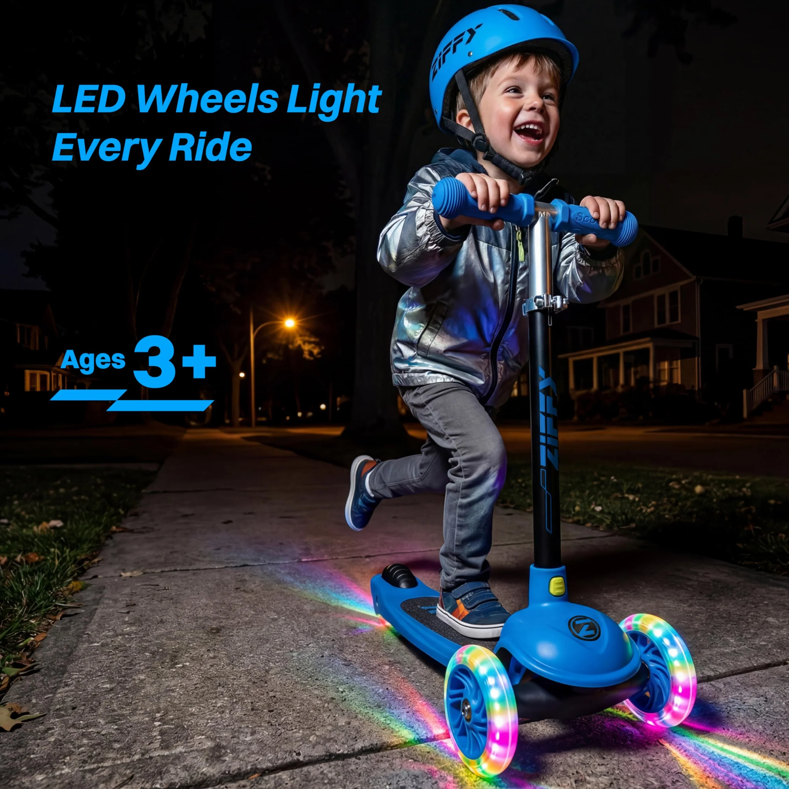 ZIFFY 3-Rad-Kinderroller 3–5 Jahre – Blau/Grün/Pink/Violett – LED-Leuchträder, Neigelenkung, Hinterradbremse – Höhenverstellbarer Lenker 44–61 cm – 1,8 kg, schnell zerlegbar