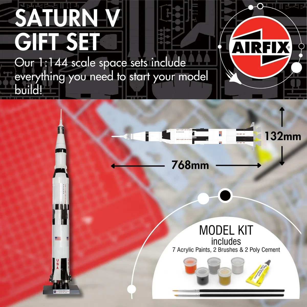 Airfix A50201 Saturn V Geschenkset – Plastikmodellbausatz, Raumschiff-Bausatz für Erwachsene und Kinder ab 8 Jahren, enthält: Modell im Maßstab 1:144, Humbrol Acrylfarben, Pinsel und Polykleber