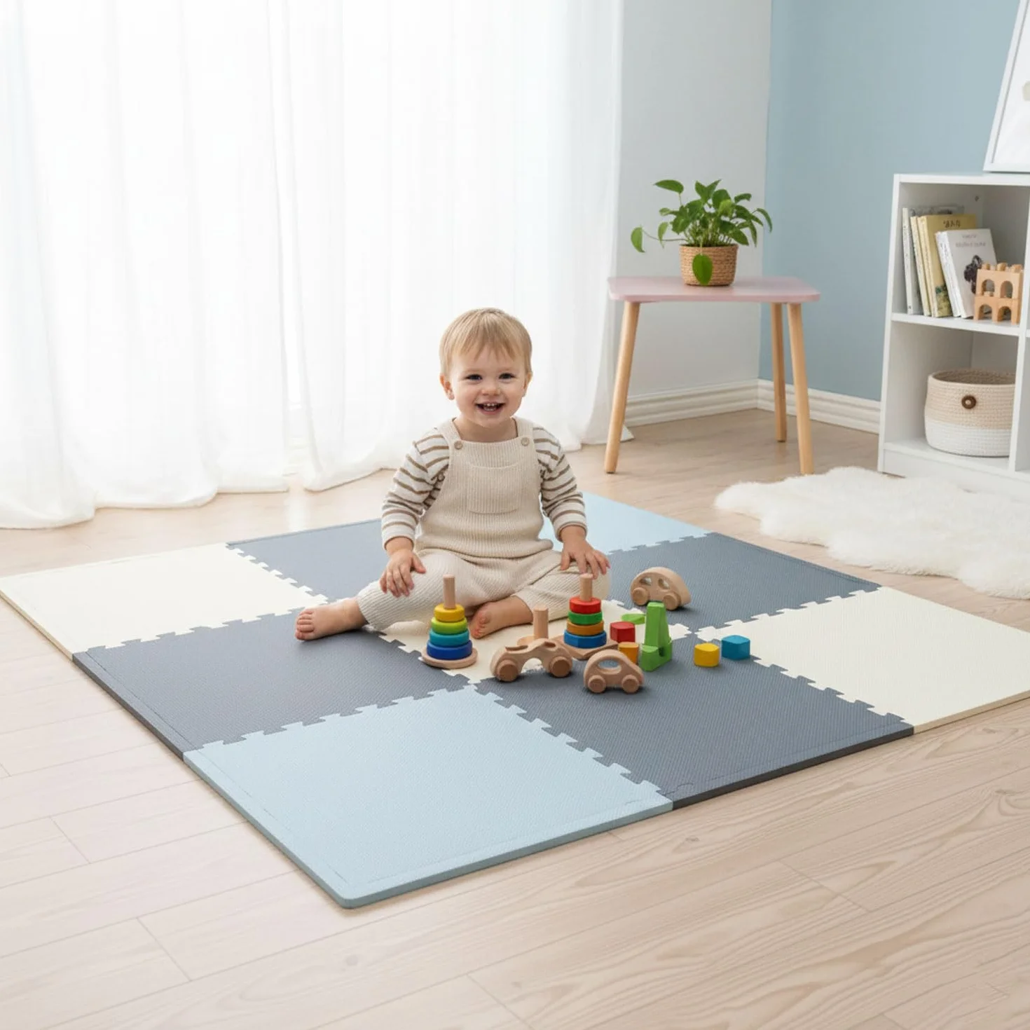LittleTom Spielmatte Baby Puzzlematte Beige - 8 Teile je 50 x 50 cm - Krabbelmatte 200x100 cm Bodenmatte Kinder - Puzzle Teppich Kinderzimmer Matte - Bodenschutzmatte Spielteppich - Eva Schaumstoff