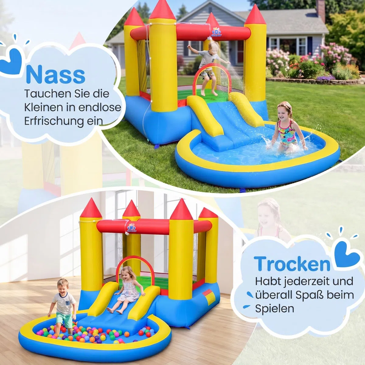 COSTWAY Hüpfburg mit Rutsche, Sprungbereich & Planschbecken, Bouncy Castle für Kinder, Innen- und Außenbereich, 362 x 196,5 x 193 cm