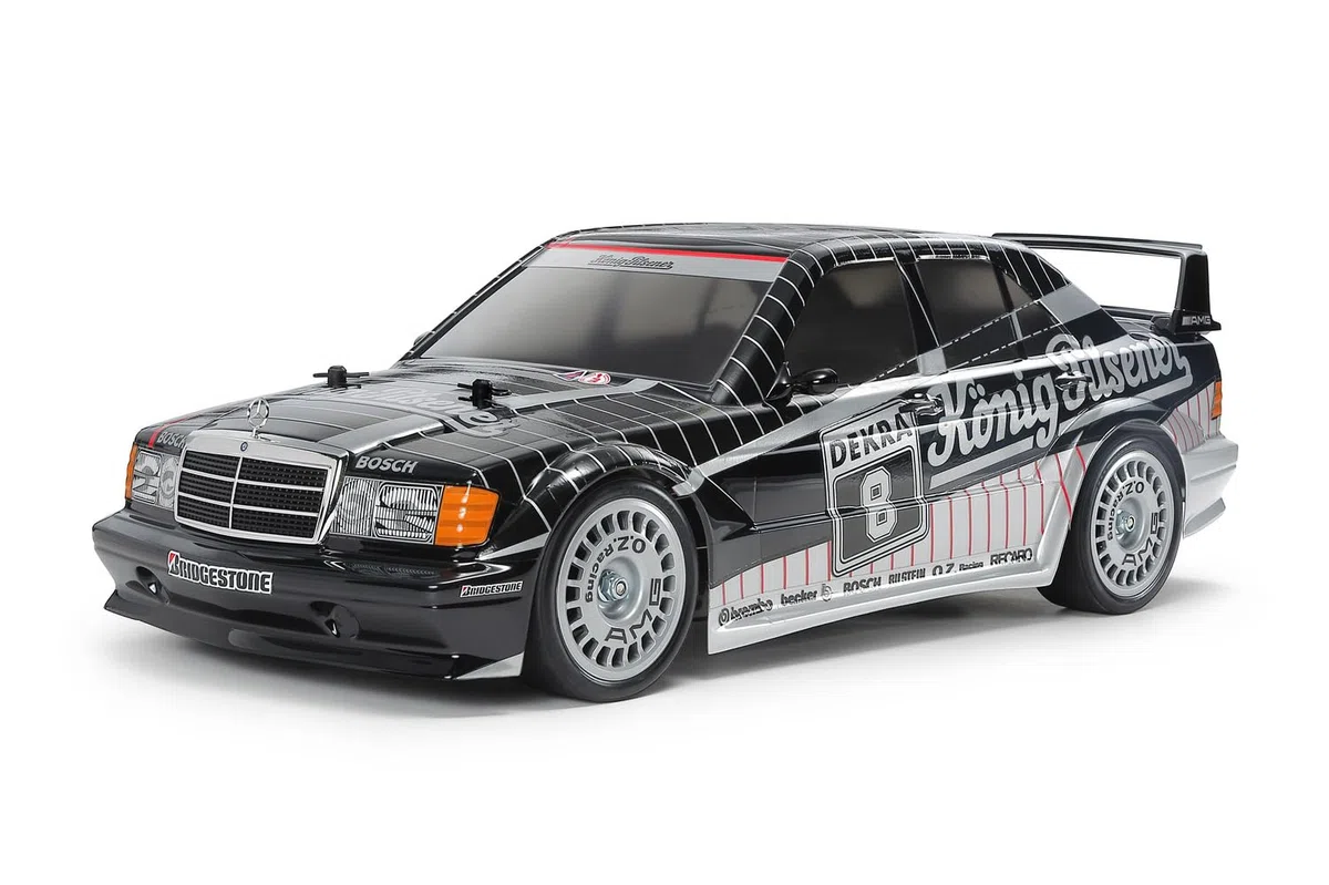 Tamiya 58752 1:10 RC M-B 190E Evo II '91 König-Pilsn. - ferngesteuertes Auto, Fahrzeug, Modellbau, Zusammenbauen, Hobby, RC Bausatz, unlackiert, Schwarz