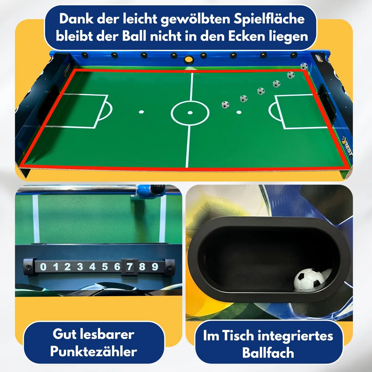 BEST SPORTING Tischkicker Kinder & Erwachsene | Kickertisch Spiele, Tischfussball & Fußball Spielzeug – inklusive 2 Kickerbälle, höhenverstellbare Füße, Antirutsch-Griffe, Atomic-Soccer Design