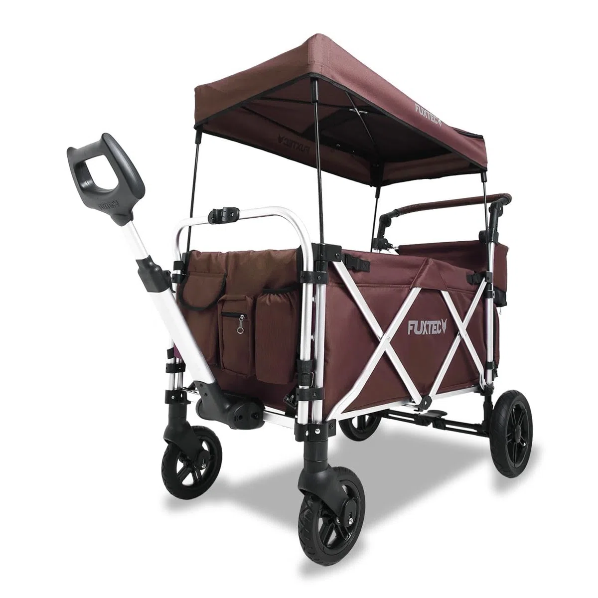 FUXTEC Bollerwagen faltbar FX-CTL950 Braun mit Dach - Transportwagen klappbar | Hecktasche, Komfort-Schiebegriff & Innenraumverlängerung | 5-Punkt-Gurt | Handwagen/Leiterwagen – Das Original