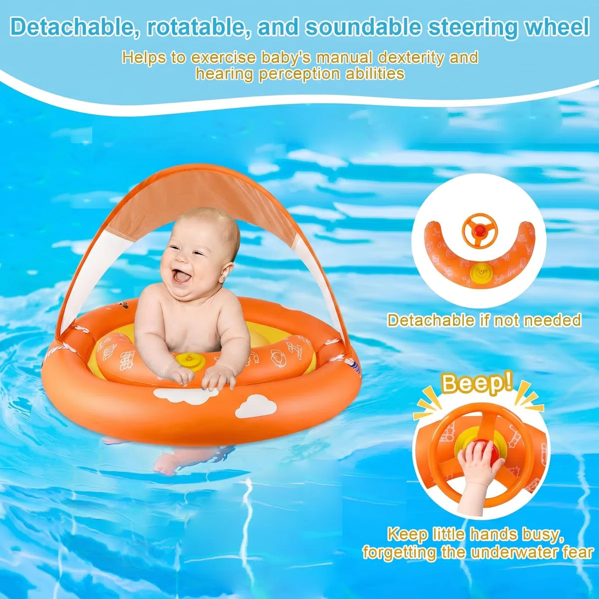 MYCARBON Baby Schwimmring mit verstellbare Schwimmsitz UPF50+ Sonnendach Spielzeug für Kinder Schwimmhilfe Schwimmring Baby in Pool Badewanne Freibad Meer See von 6-30 Monaten