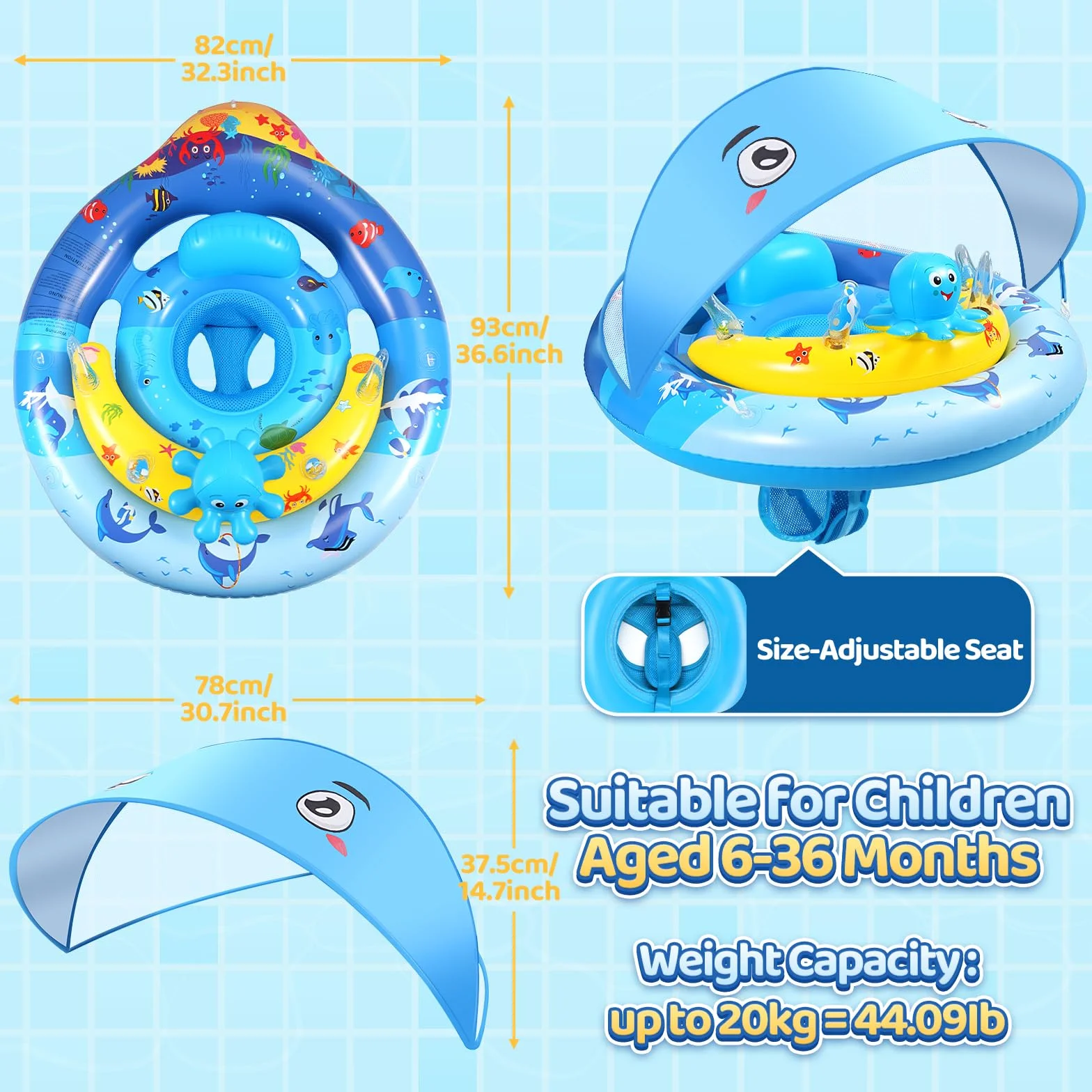 Schwimmring Baby, Baby Schwimmring ab 6-36 Monate mit Sonnendach, Schwimmreifen Baby Verstellbarer Sicherheitssitz, UPF50+ Baby Schwimmring mit Sonnendach, Schwimmhilfe Kinder 1-3 Jahre