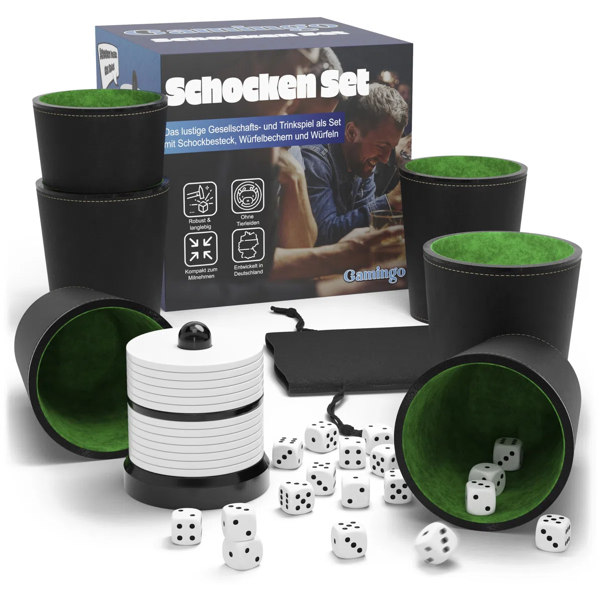 Schocken Set Komplett mit 6 Würfelbechern, Schockbesteck & Würfeln, hochwertiges Schocken Würfelspiel, langlebiges Schockbesteck Set - ideal als Gesellschaftsspiel