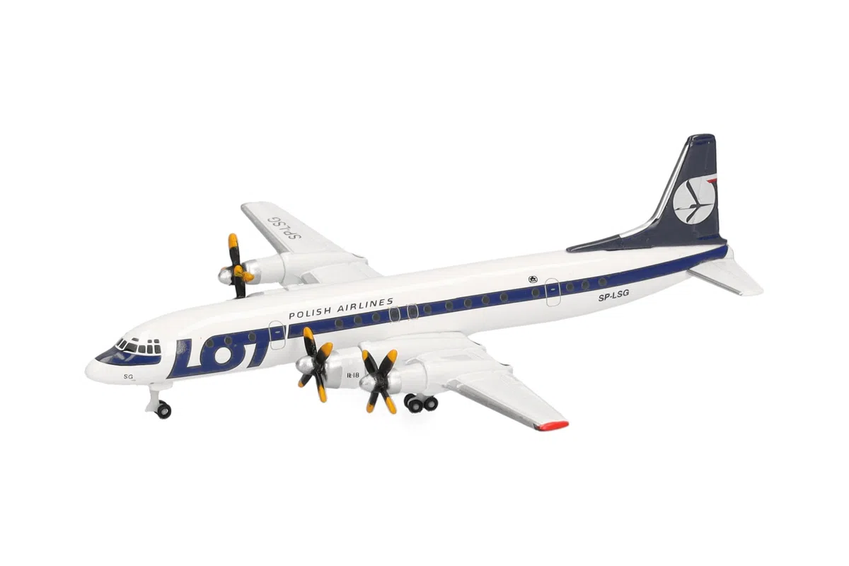 Herpa Modellflugzeug Lot Polish Airlines Ilyushin IL-18 (Late Colors) Miniatur im Maßstab 1:500, Sammlerstück, Flugzeug Modell ohne Standfuß, Metall