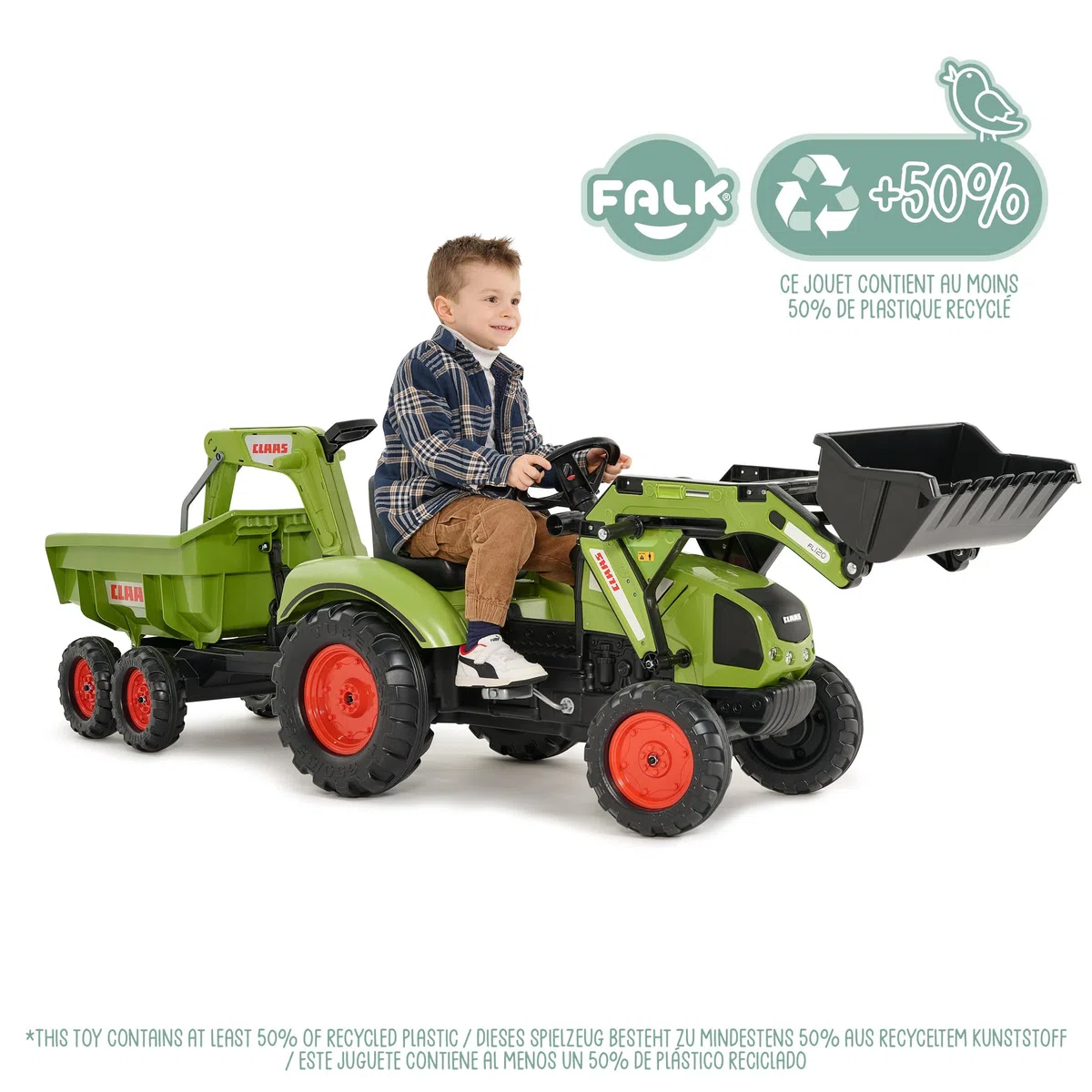 FALK - Bagger mit Pedalen Claas mit Bagger und Maxi-Kippanhänger – ab 3 Jahren Schaufel vorne und Bagger mit Gelenken – Drehbarer Sitz – 2070 W