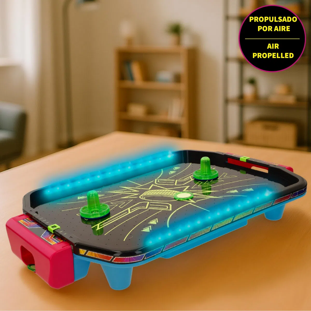 ColorBaby CB Games Air Hockey Neon-Tischplatte, 40 cm, robuster Kunststoff, 2 Schläger, 2 Scheiben, 2 Spieler, Brettspiele, Kinderspielzeug, Familienspaß, ab 6 Jahren (39515)