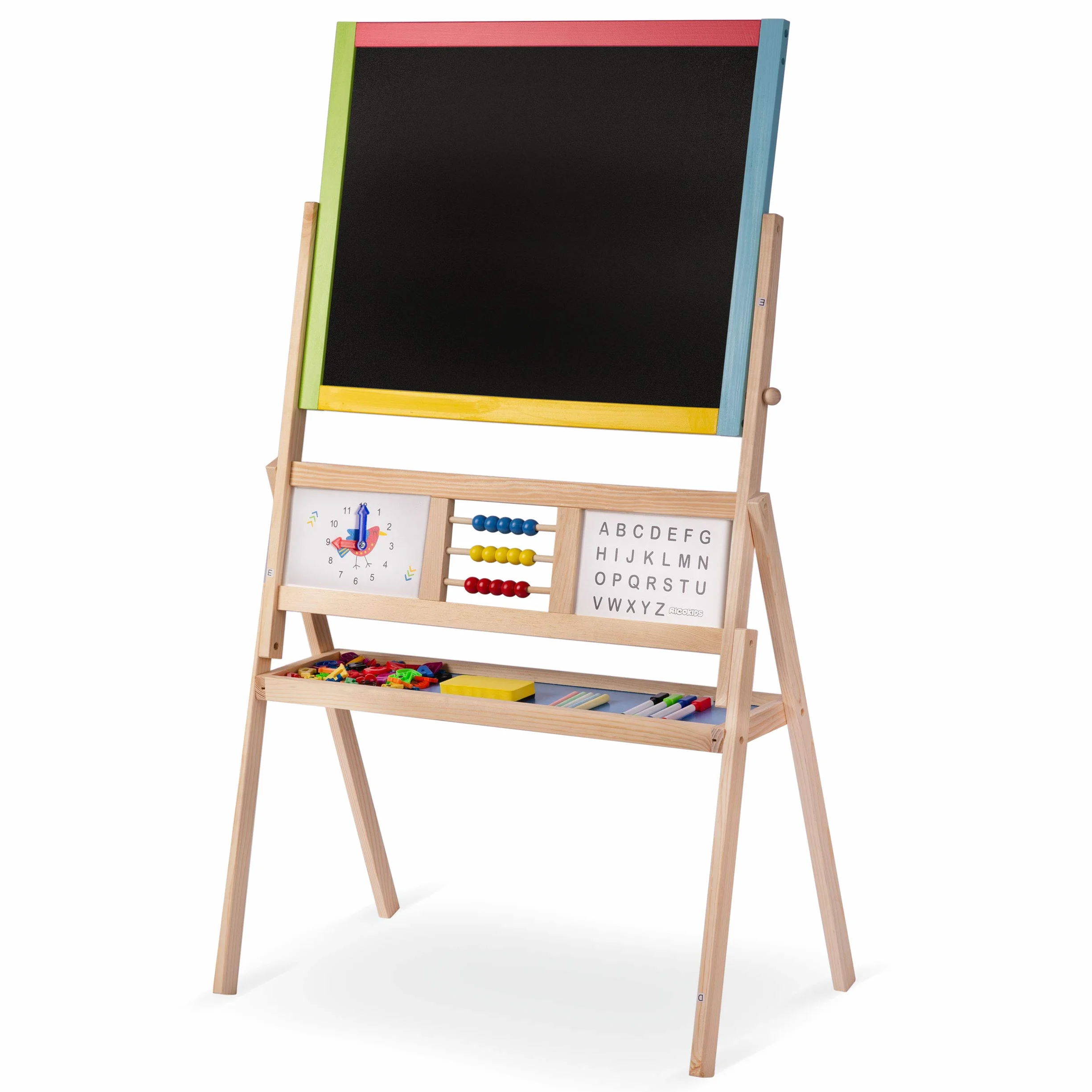 Spiel-Tafel für Kinder magnetisches Whiteboard Uhr Abakus und Kreidetafel Maltafel Kindertafel Staffelei aus Holz Ricokids