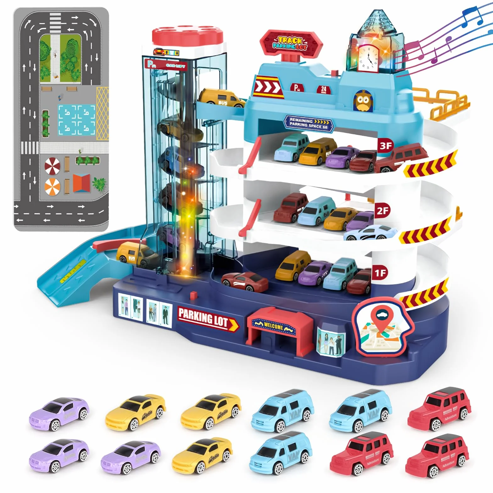 deAO 2 IN 1 Auto Garagen Spielset mit Musik und Lichteffekten für Kinder - tolles Geschenk für Autoliebhaber (15 STK)