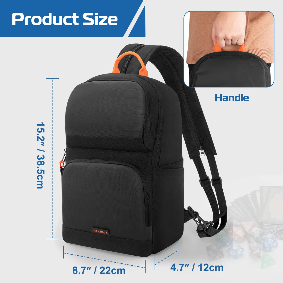 Rexmica Tragbarer Rucksack mit Röhrenfach für 6 Spielmatten (B 35,6 x L 61 cm), Organizer-Tasche für Spielmatten-Röhren mit Schultergurt und 2 Fronttaschen für Karten oder Würfel, Schwarz (Nur Tasche)