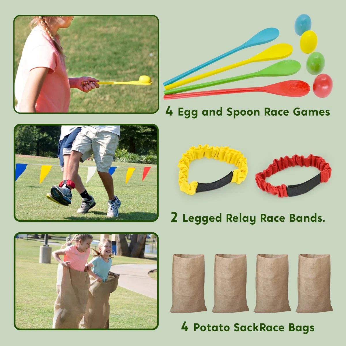 JOYIN 4 Spieler Outdoor Rasen Spiele, Spiele Gartenspiele， Potato Sack Race Bags, Eier und Löffel Rennspiele, Legged Relay Race Bands Elastisches Bindeseil für Kinder und Familien, Osternsuchspiel.