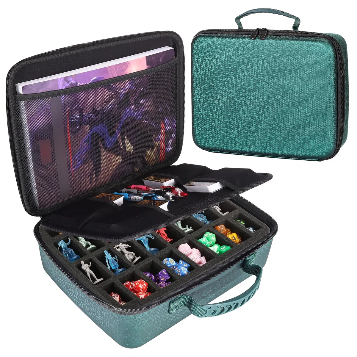 RPG Reisetasche Kompatibel mit Dungeons and Dragons Miniaturen, DND Miniaturen Aufbewahrung, Würfeletui für DND Würfel Set, Miniature Storage Travel Bag Kompatibel mit Warhammer 40k (Grün)
