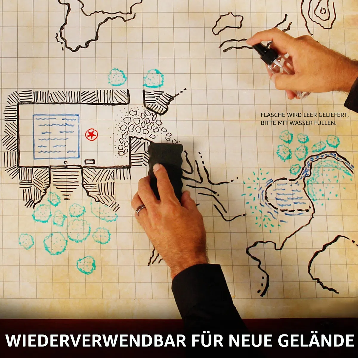 ENHANCE RPG-Gittermatte – Tisch-DND-Karte (61 x 91,4 cm), trocken abwischbare Rollenspielmatte, komplettes Gaming-Set, löschbare Kampfgitter-Spielmatte aus Pergament mit Reisetasche, Marker-Set