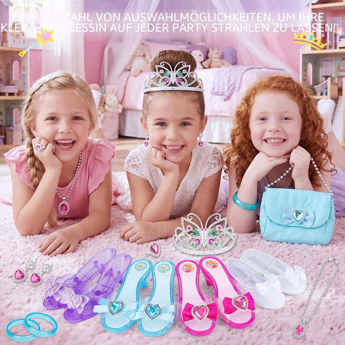 deAO Princess Schuh Spielzeug- und Schmuckboutique mit 4 Paar Schuhen, Armbändern, Halskette, Tasche, Ohrringen und Krone Mädchen-Tiara inklusive Kinder Schminkset Prinzessin Schuhe Mädchen