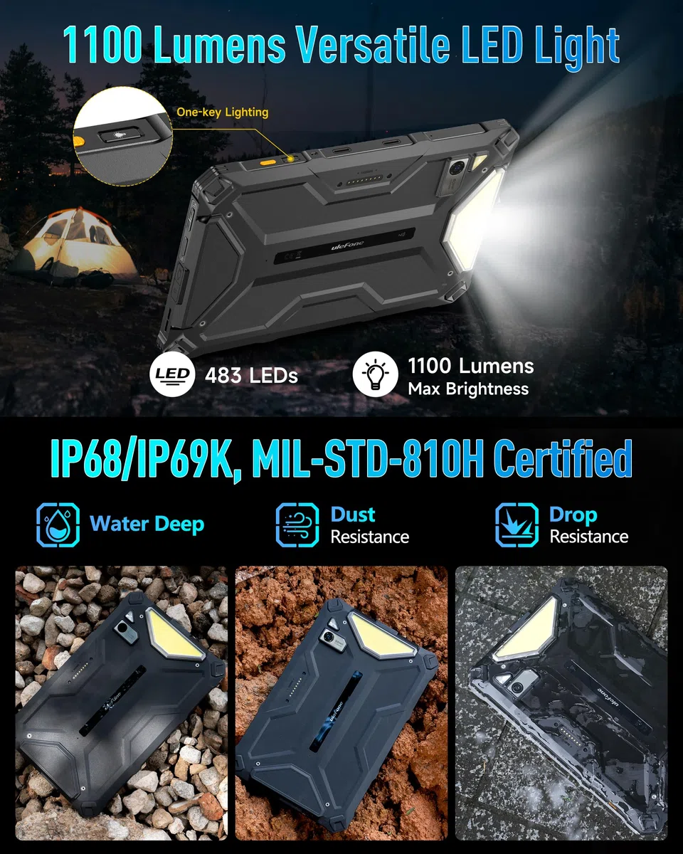 Ulefone Armor Pad 4 Ultra 5G Outdoor Tablet 10080mAh, Android 14 Wasserdicht IP68K, 16GB+256GB/SD-2TB Robustes 2K FHD+ 10.36 Zoll, 50MP+32MP Kamera, 1100 LED-Licht, uSmart Erweiterung/Dual SIM/OTG/NFC