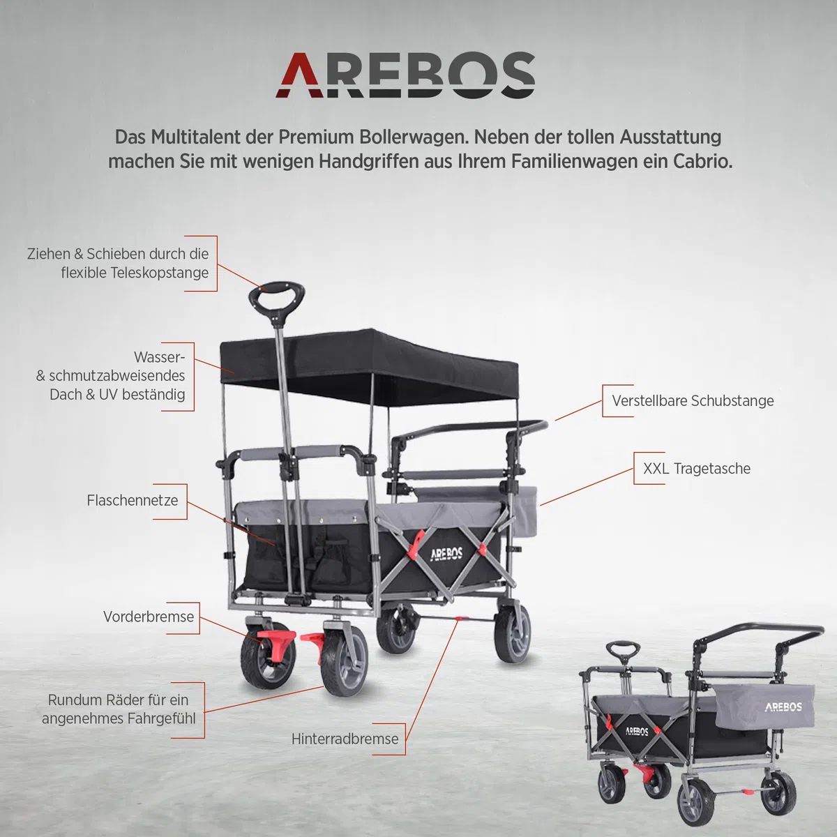 Arebos Bollerwagen Premium faltbar mit Dach | Handwagen | Faltwagen | Transportwagen | klappbar | bis 100 kg Tragkraft | Vorder- und Hinter-Bremse | Schwarz