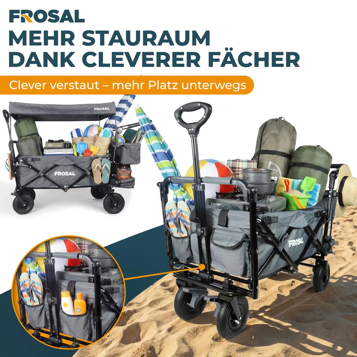 FROSAL Bollerwagen Leo faltbar mit Luftreifen & Dach – Handwagen klappbar für Strand, Camping & Garten – 80kg belastbar – mit Bremse, Schiebegriff & Zugstange – Transportwagen Kinder grau