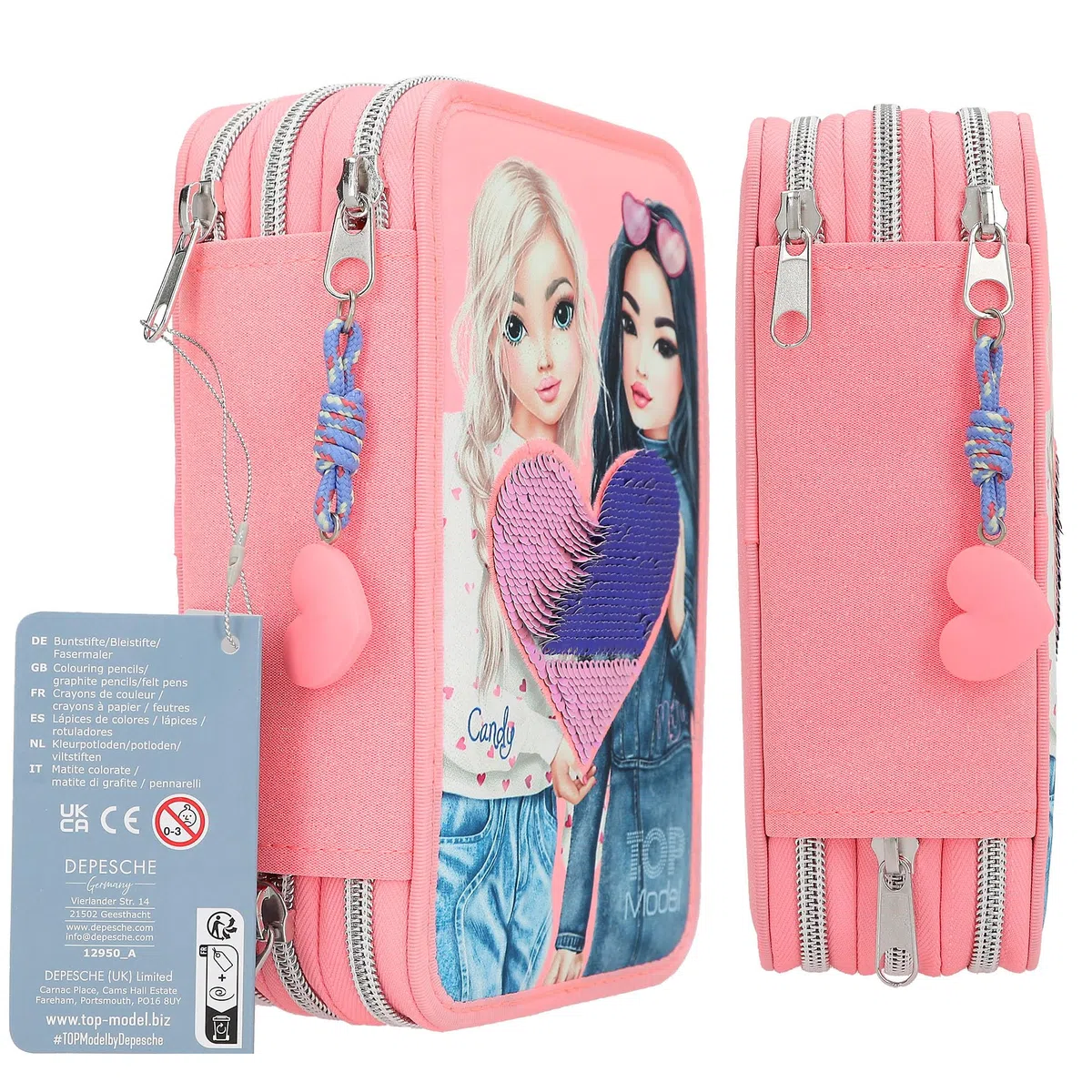 Depesche 12950 TOPModel - Gefüllte 3-Fach Federtasche in Rosa, mit Model Motiv und Wendepailletten, Federmappe mit Buntstiften, Lineal, Schere uvm.