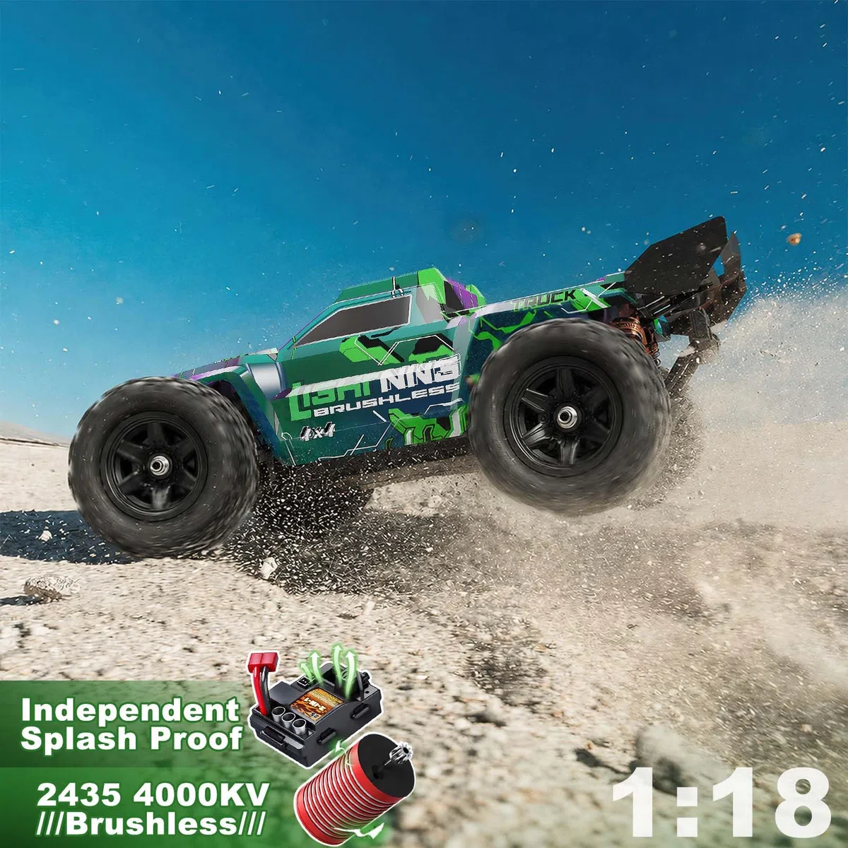 Ferngesteuertes Auto 1:18 Brushless 4WD RC Auto 52 km/h für Erwachsene & Kinder ab 10 Jahren, RTR Offroad RC Auto mit ölgefüllten Stoßdämpfern, Vollmetall-Antrieb, 2 Akkus & 2 Karosserien