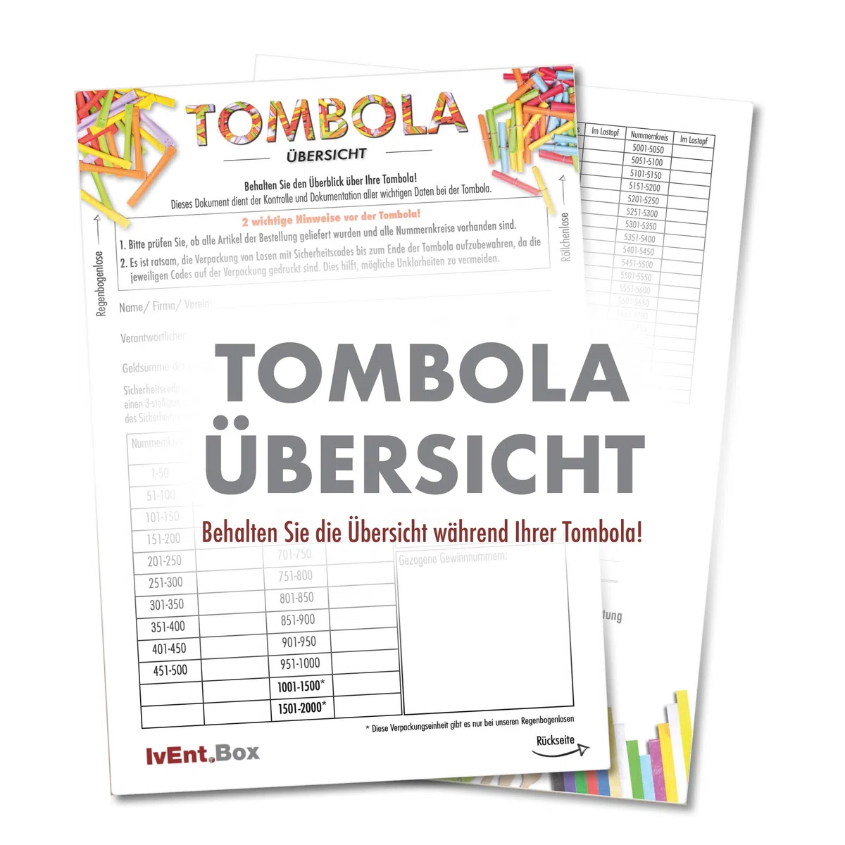 Tombola Lose - Regenbogenlose SET | 1-500 Gewinne | 1500 Nieten | inkl. Aufklebenummern | bunt gemischt