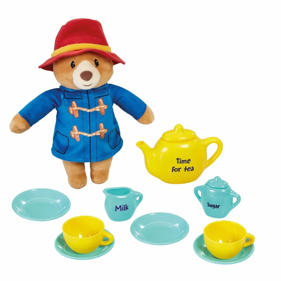 Rainbow Designs Paddington Bärenspielzeug Teeset, 9-teiliges Kinder-Teeset mit Teekanne, Tassen, Untertassen und Zuckerdose, mit kuscheligem Plüschtier, wiederverwendbarem Koffer & Stickerbogen