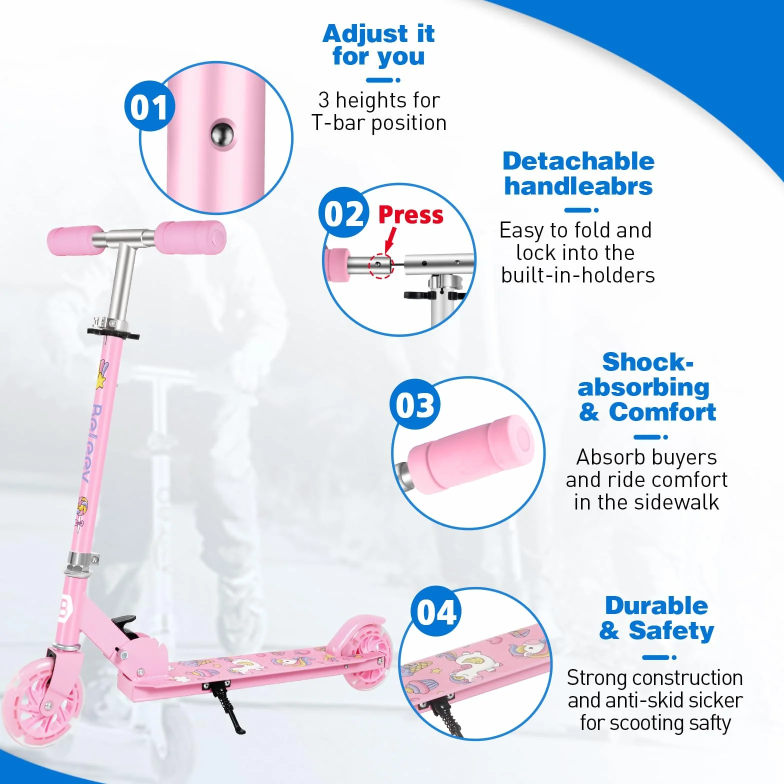 BELEEV V1 Roller Kinder 2 Räder, Klappbar Kinderroller für Mädchen Jungen, Tretroller mit LED Leuchtende Räder, 3 Höhenverstellbare, Ständer, Scooter for Kinder ab 3-12 Jahre