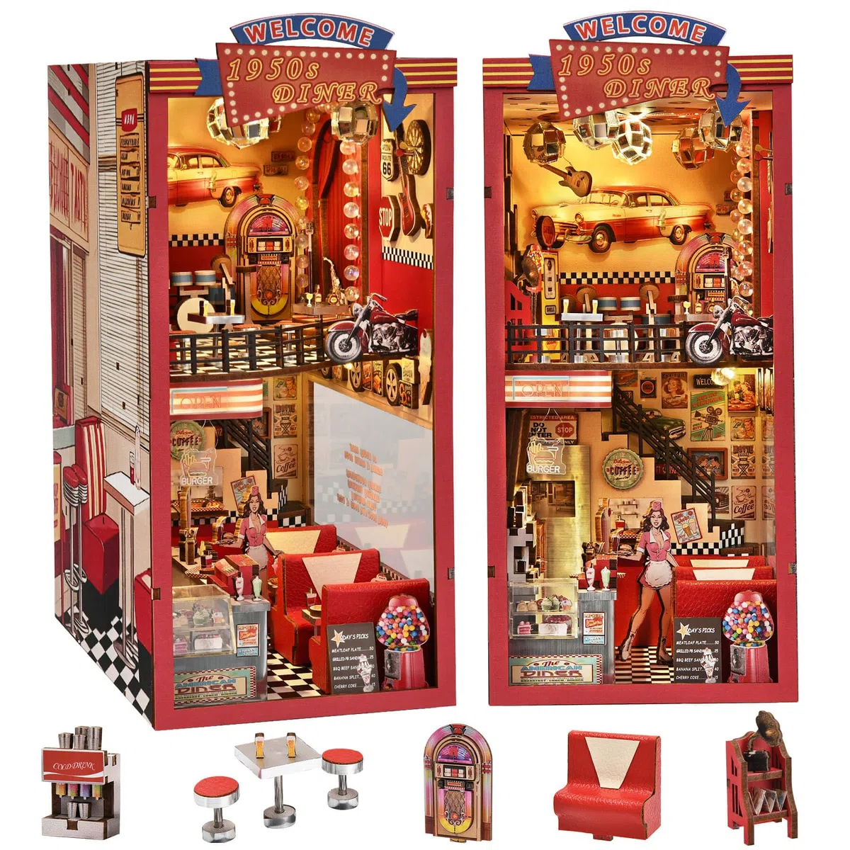 fifijoy Book Nook Kit - DIY Miniaturhaus Puppenhaus Kit für Erwachsene und Jugendliche, Booknook Retro Diner Bücherregal Dekor 3D Holzpuzzle mit LED-Licht, Geschenke für Familie und Freunde (1950er