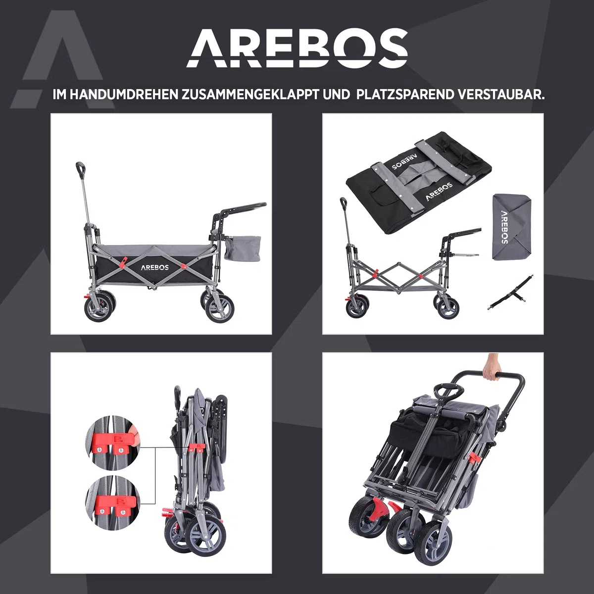 Arebos Bollerwagen Premium faltbar mit Dach | Handwagen | Faltwagen | Transportwagen | klappbar | bis 100 kg Tragkraft | Vorder- und Hinter-Bremse | Schwarz