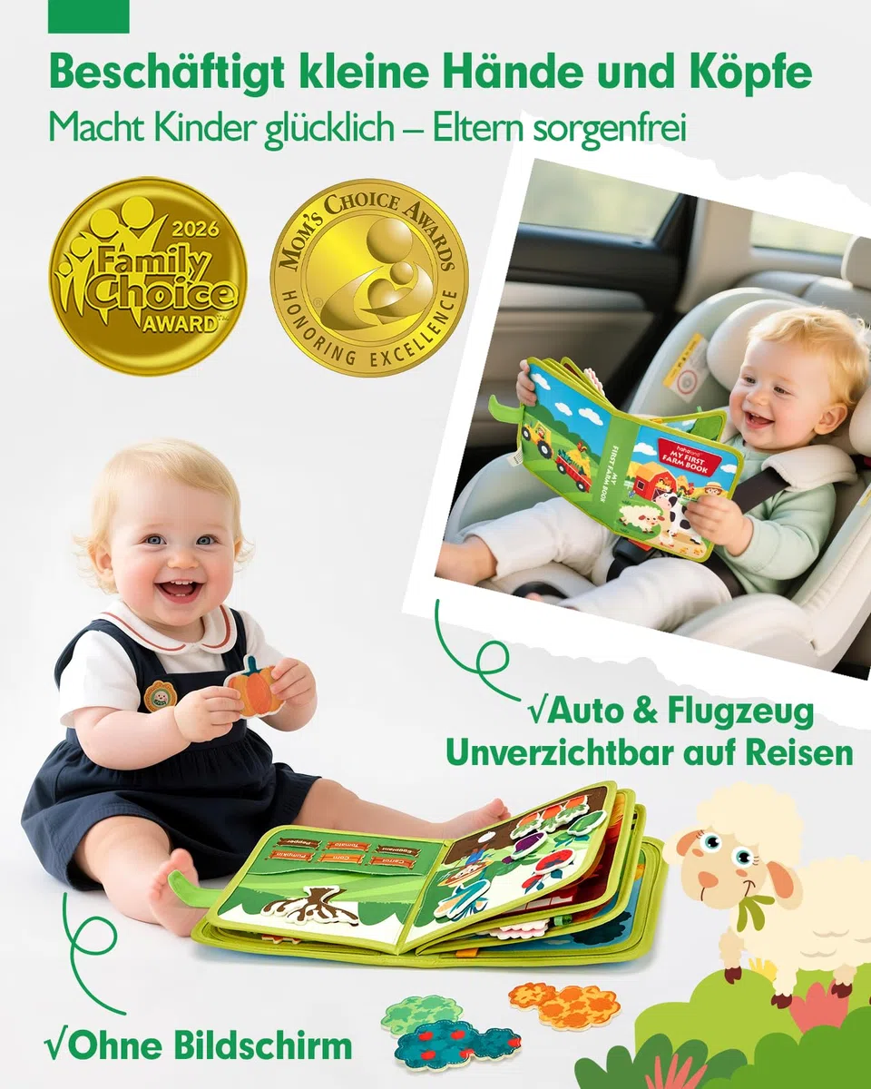 hahaland Montessori Spielzeug ab 1 Jahr – Bauernhof Thema Quiet Book, 20-in-1 Busy Board Weichem Filz für Frühe Bildung, Busy Book für Autofahrt, Spielzeug ab 1 2 3 Jahre, Geschenk zum 1 Geburtstag