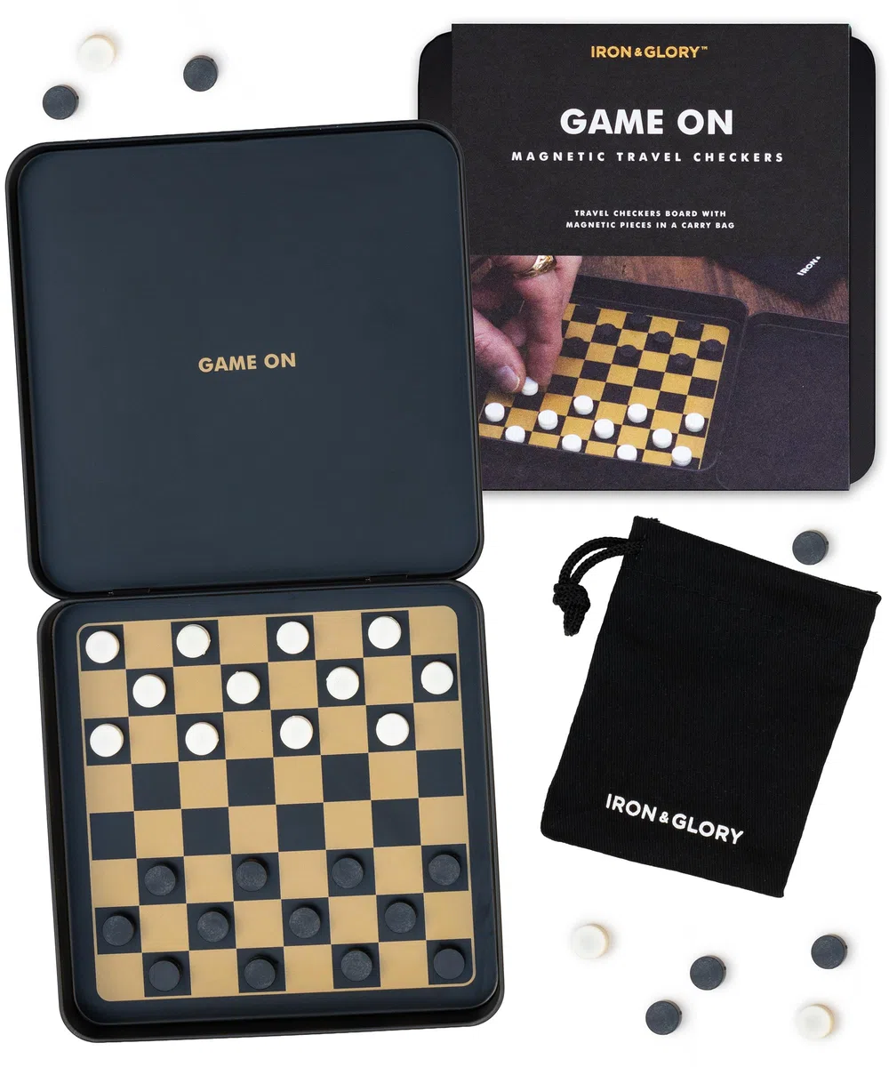 Iron & Glory Magnetisches Reise-Checker-Set, robuste Blechbox mit sicheren Magnetstücken, kompaktes und tragbares Brettspiel, Familienstrategiespiel mit Tragetasche für einfachen Spaß unterwegs